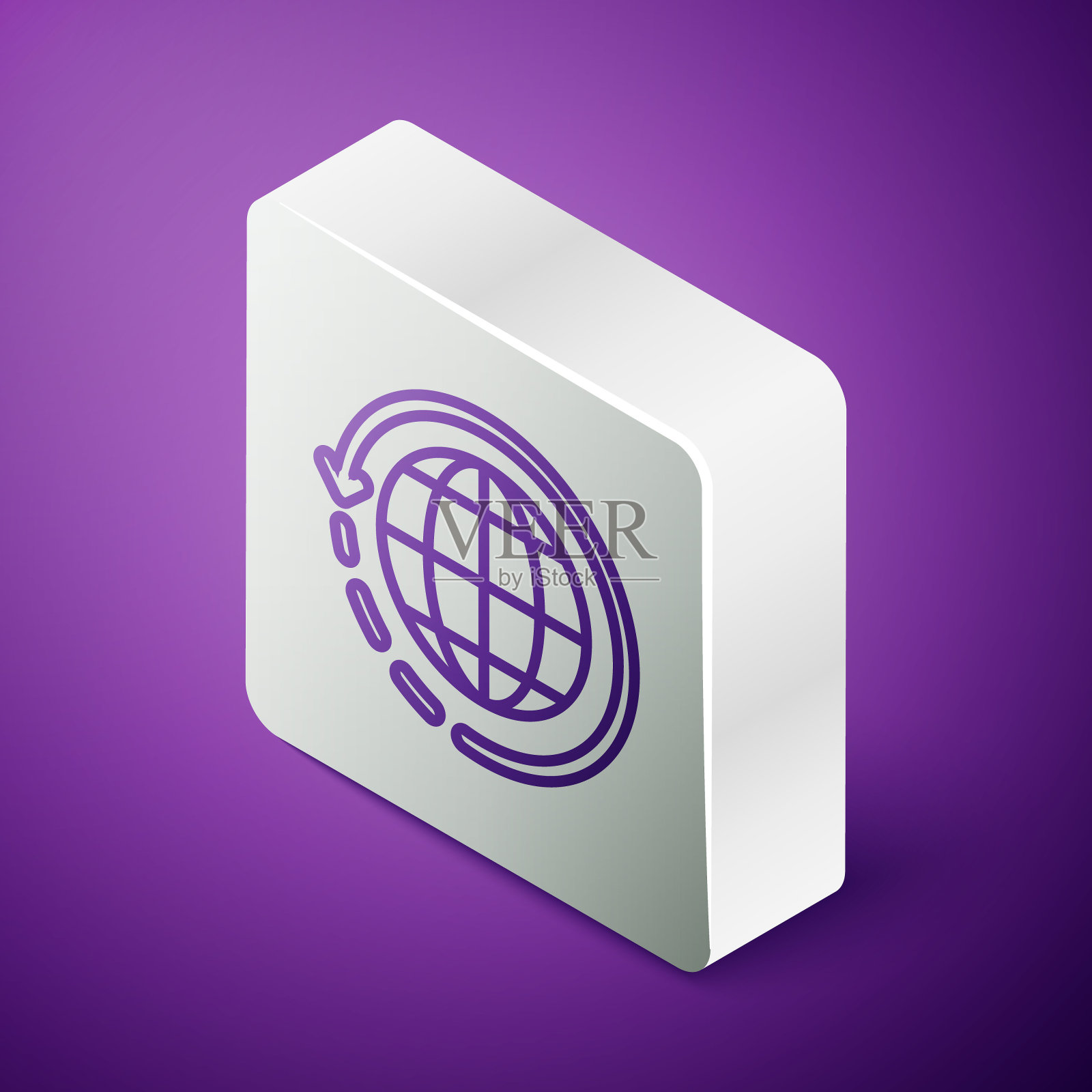 等距线全球航运和纸板箱图标孤立在紫色的背景。银广场按钮。矢量图插画图片素材