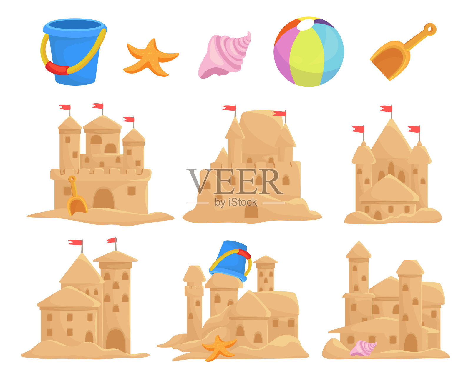 沙堡套装和儿童玩具桶，海贝，勺子，海星，球。沙宫、雕塑、塔。插画图片素材