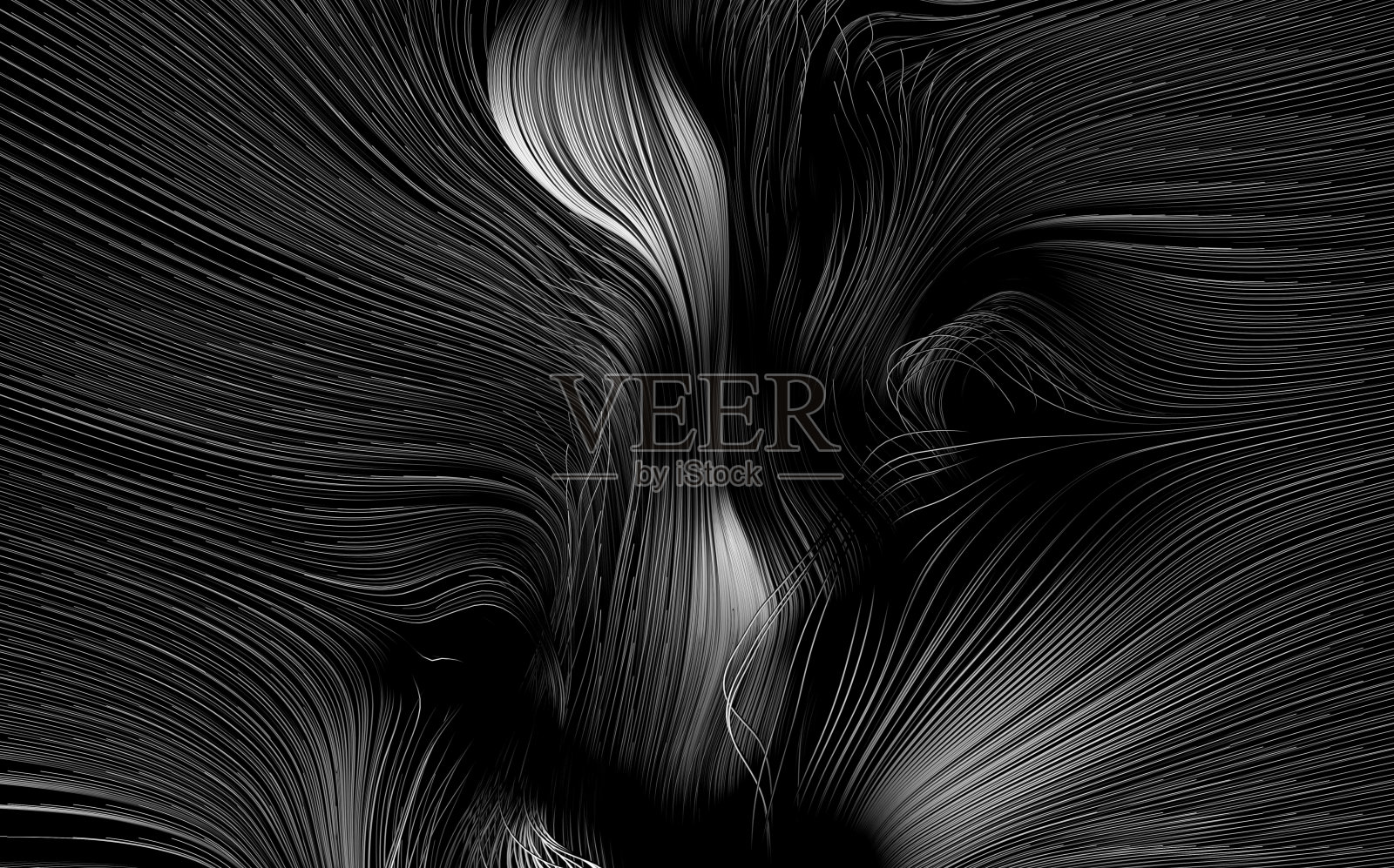 3d抽象艺术与神秘超现实的3d背景纹理与长曲线波浪头发弦线在哑光金属材料在黑暗照片摄影图片