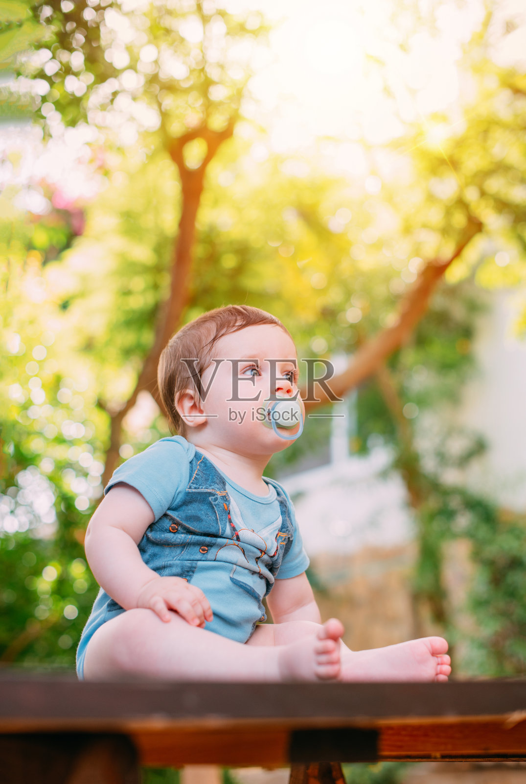 坐在花园里的小男孩照片摄影图片