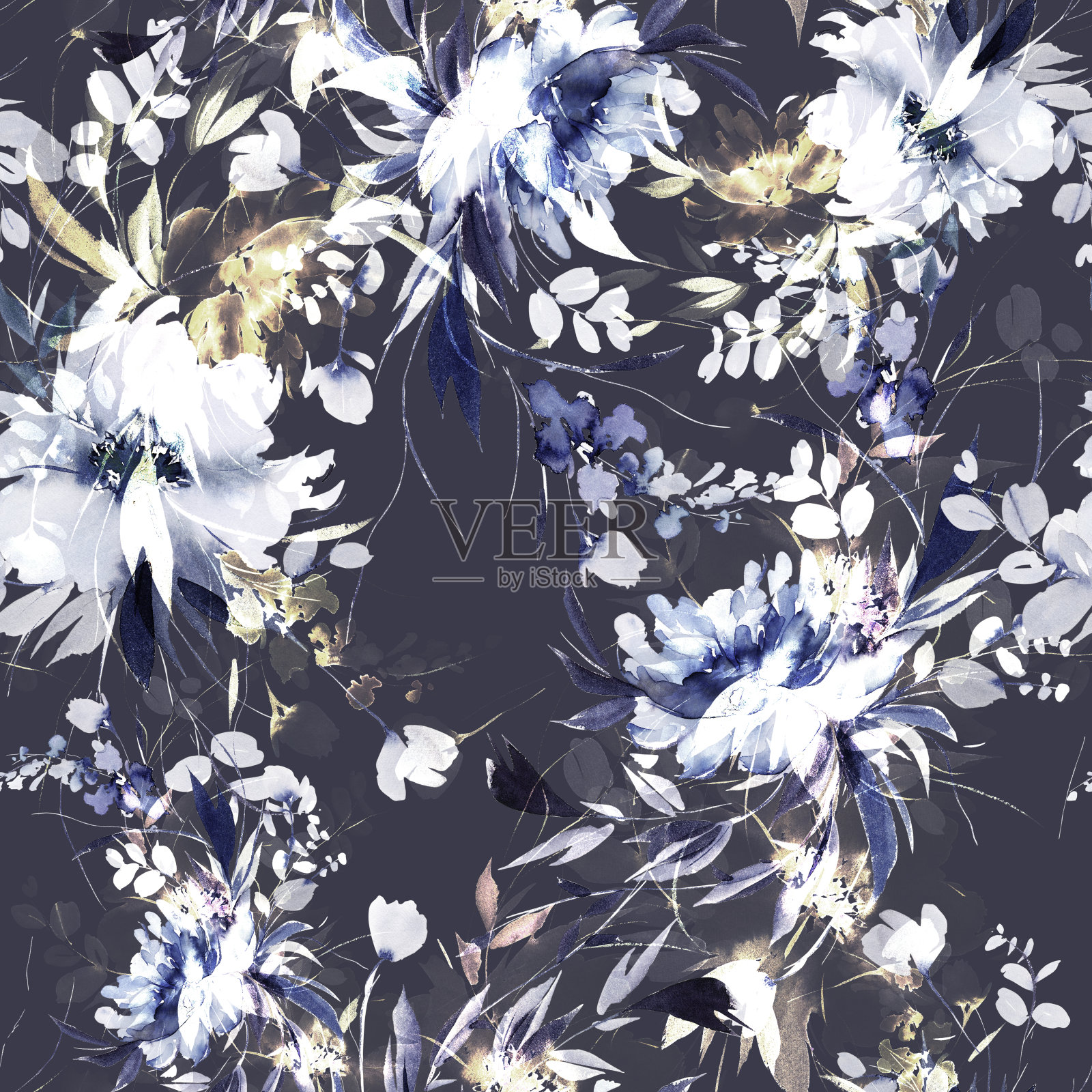 无缝水彩图案与蓝色花朵插画图片素材