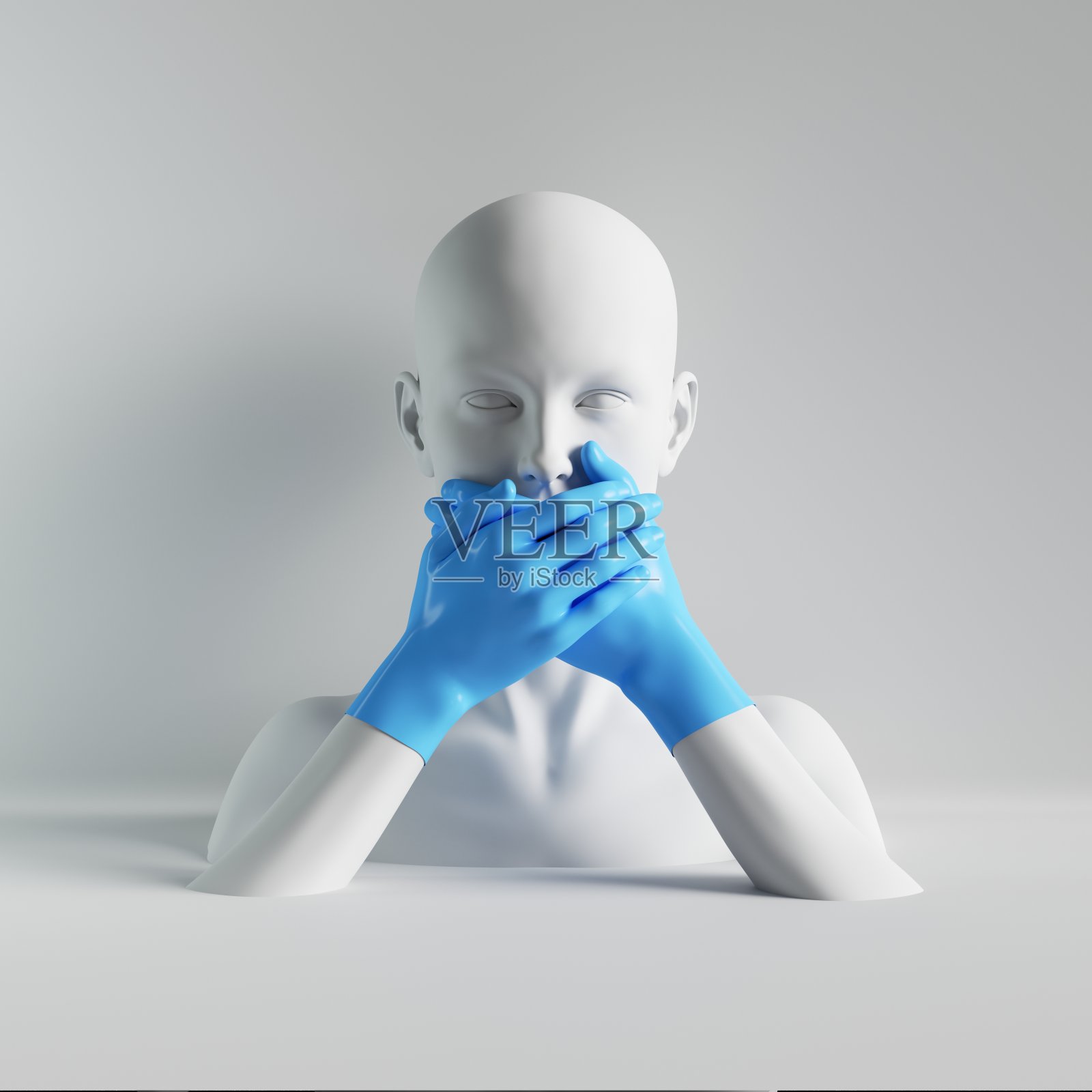 3d渲染，无语恐惧的女人雕塑，女性人体模型秃头，嘴闭在无菌蓝色乳胶手套，孤立在白色的背景。现代小冠状病毒感染概念照片摄影图片
