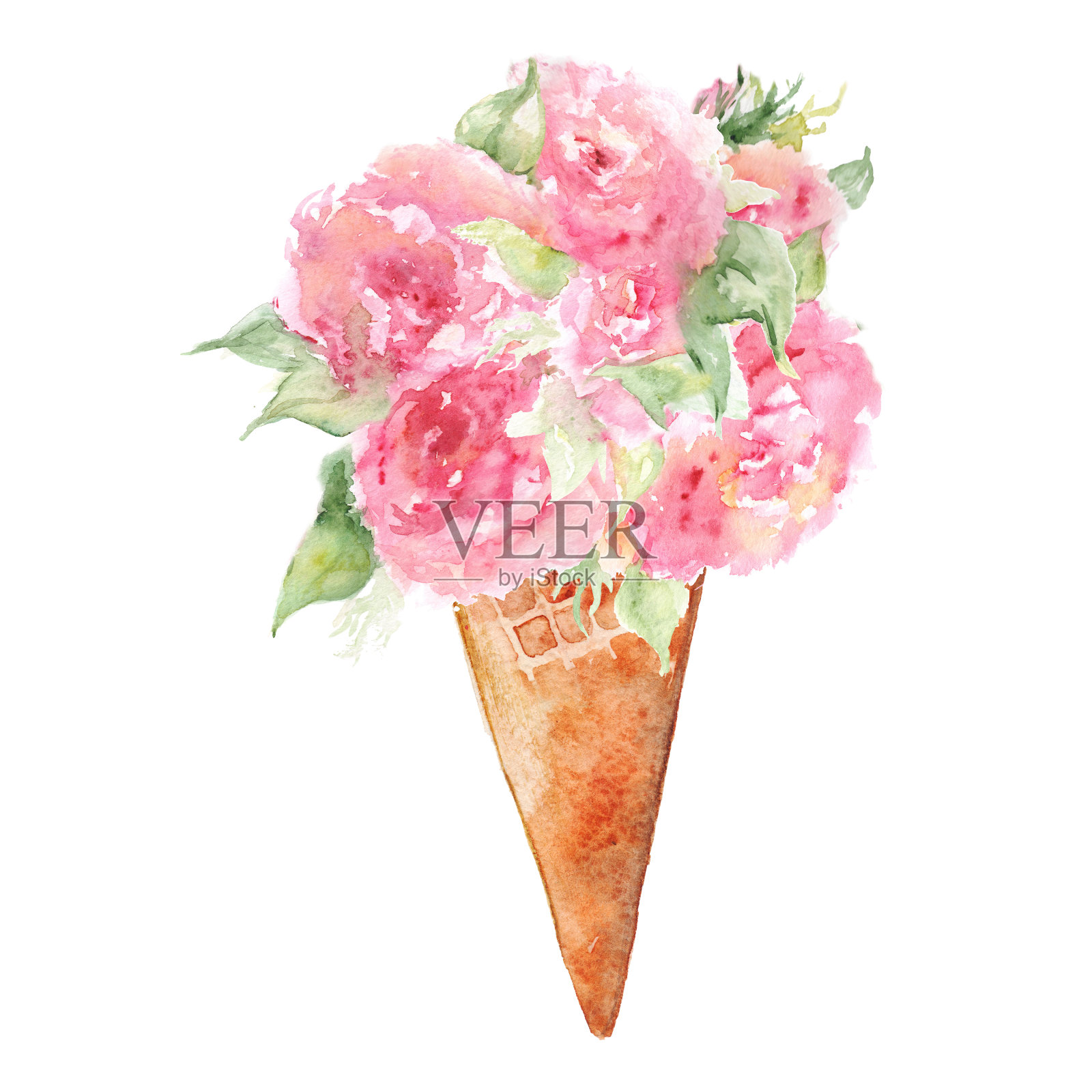 水彩花束牡丹茶玫瑰雪糕华夫甜品孤立插画图片素材