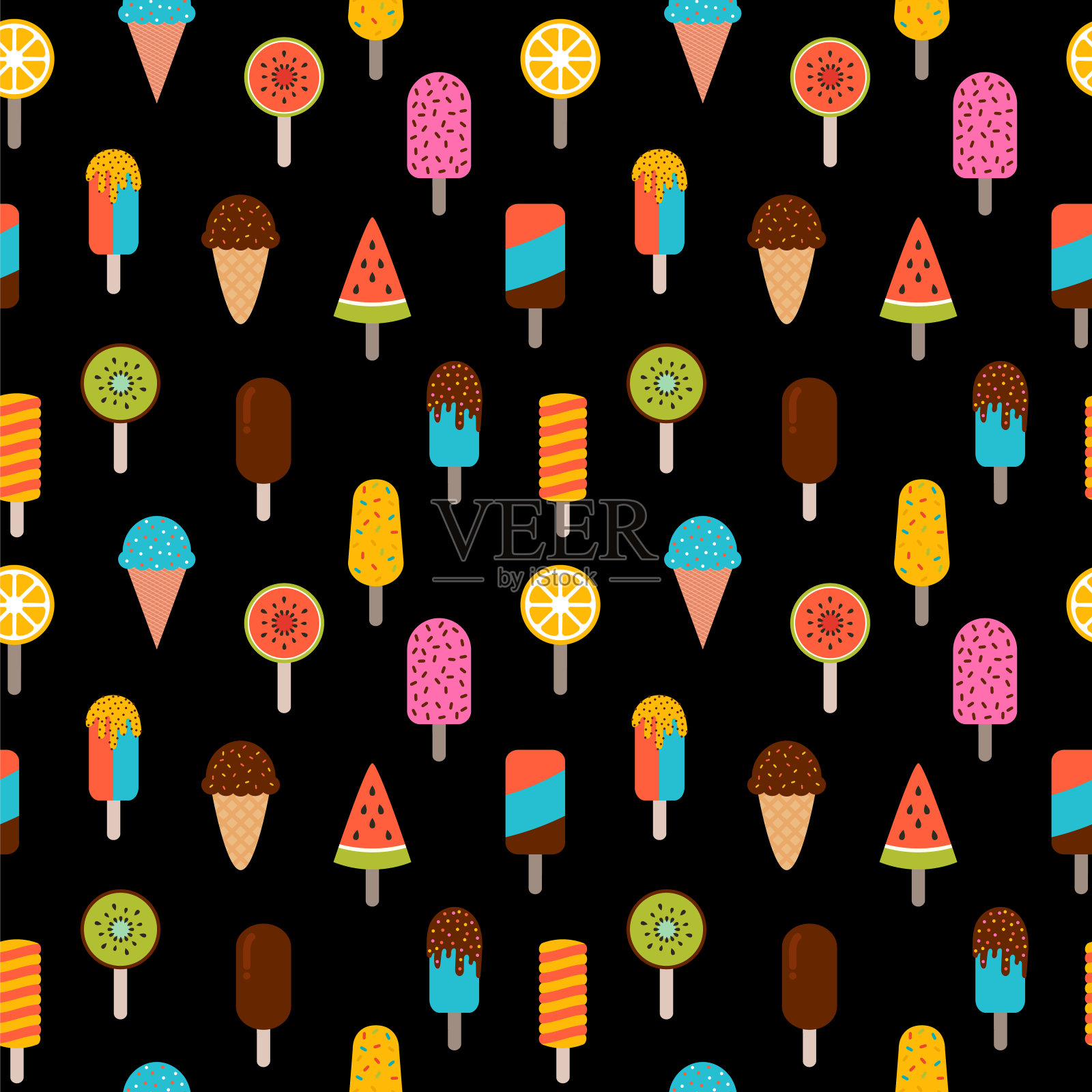 可爱的夏季无缝图案与冰淇淋在黑色的背景。彩色包装纸，织物。冰棒插画图片素材