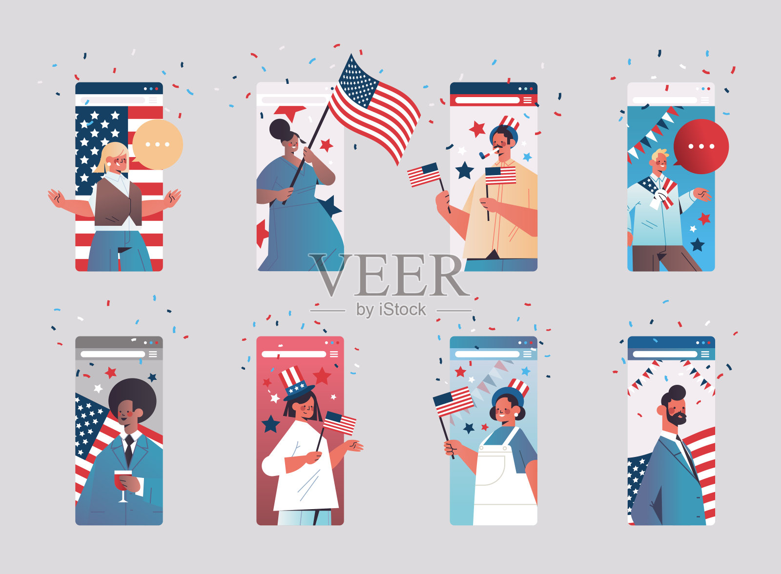 设定人们庆祝7月4日美国独立日的概念混合种族人们的虚拟乐趣插画图片素材