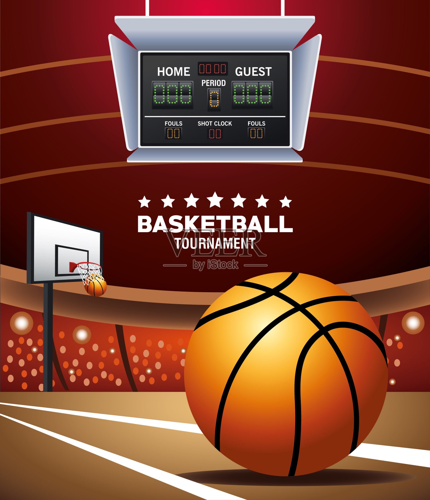 篮球运动海报与气球和记分牌在法庭设计模板素材