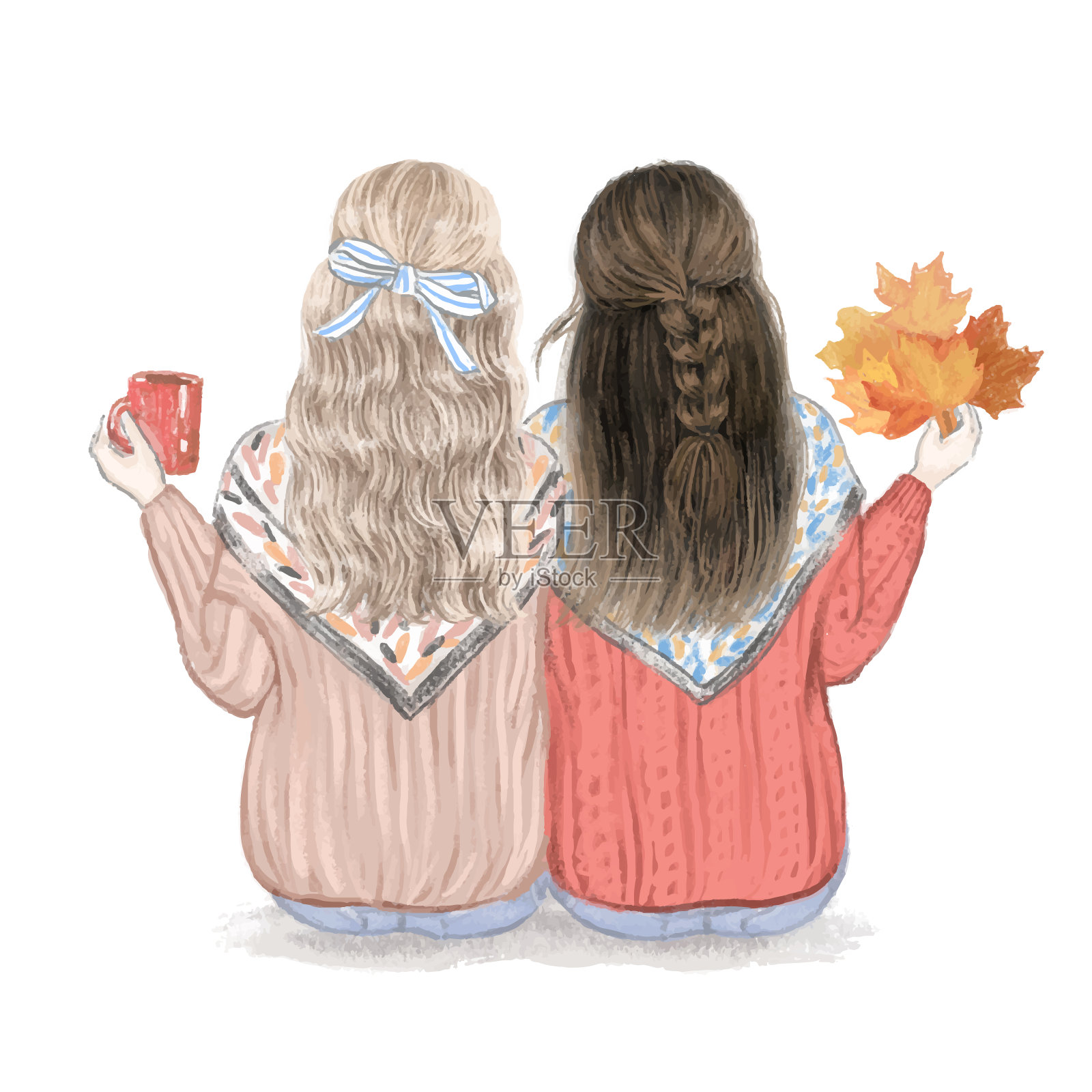 两个女孩，秋天最好的朋友。手绘插图插画图片素材