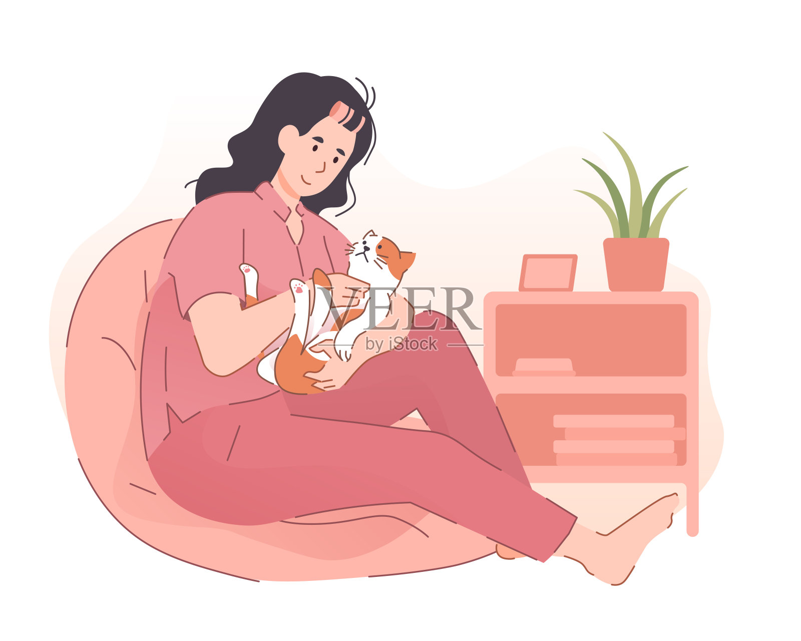 一个女人在家里抱着她可爱的猫。人们花时间与宠物插画图片素材