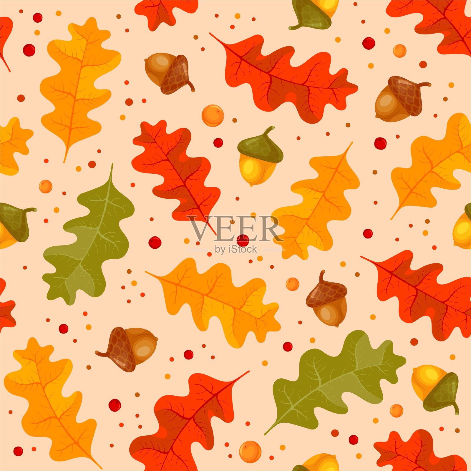 秋花无缝图案与橡树叶和橡子插画图片素材