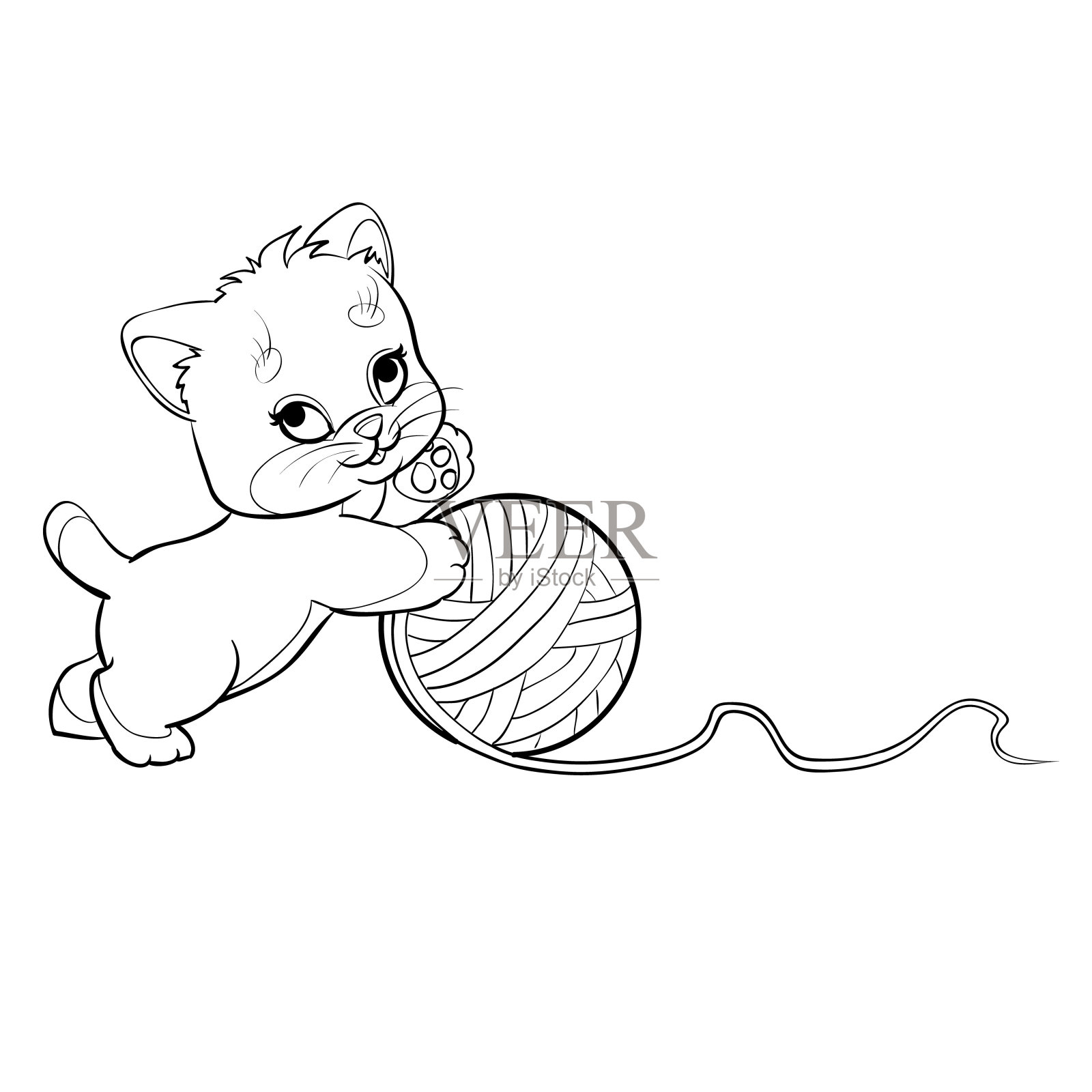 素描的一个可爱的小猫谁玩一个大的线球，着色书，卡通插图，孤立的物体在冷杉树背景，矢量插图，插画图片素材