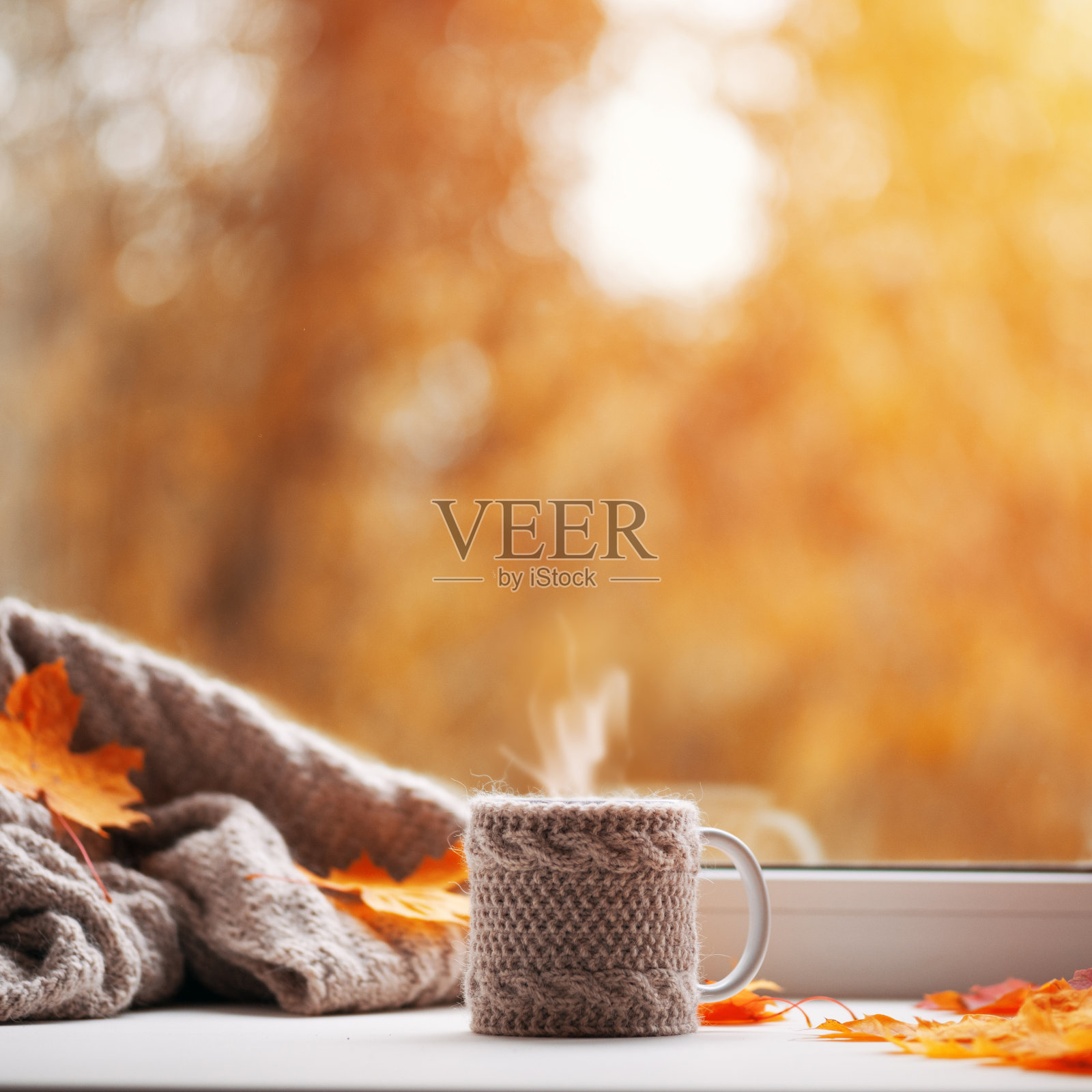 窗外一杯热腾腾的秋日咖啡或茶。hygge的概念。在寒冷的秋天喝热饮照片摄影图片