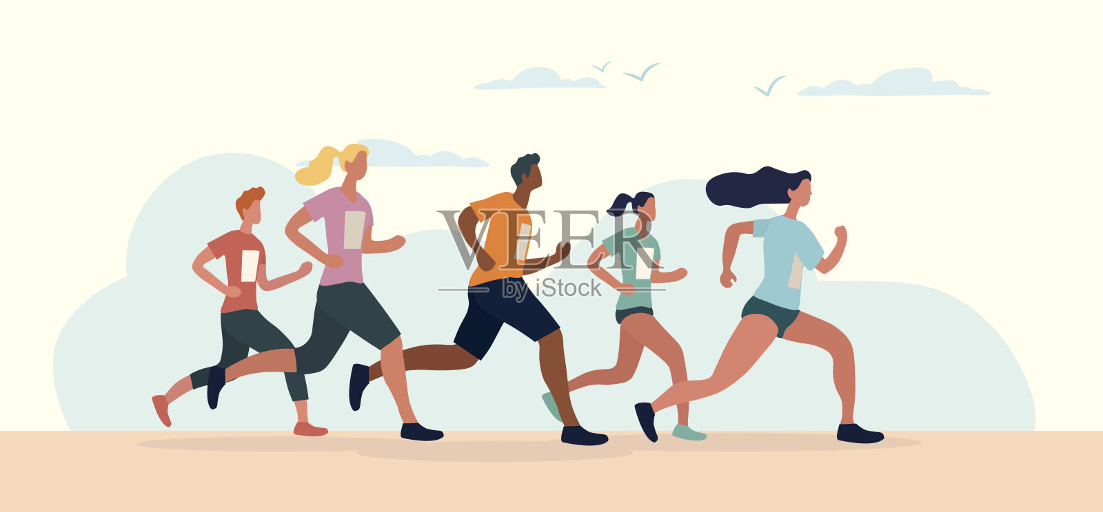 参加马拉松比赛的各式各样的运动员插画图片素材