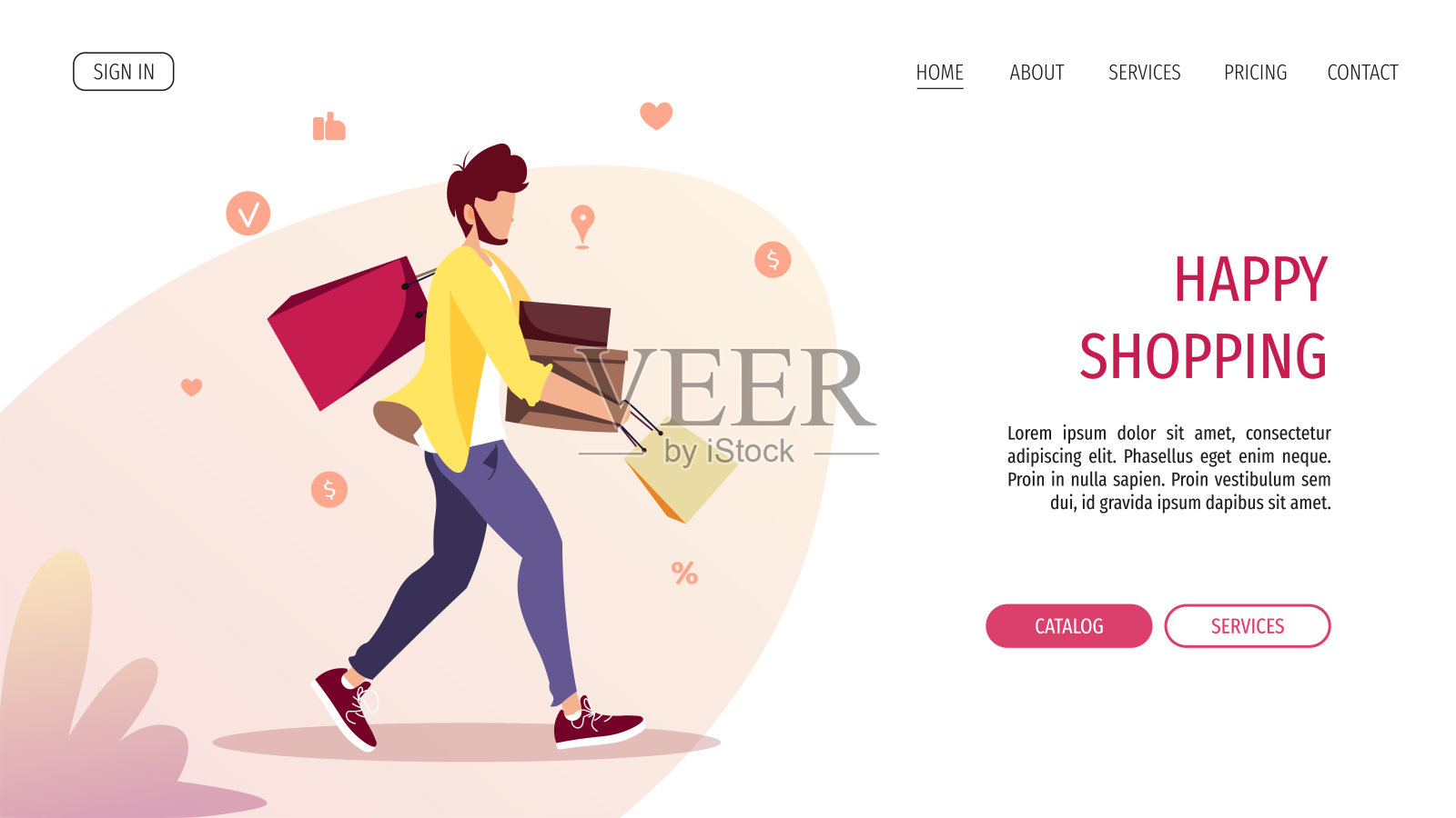 Man with purchases. Online Shopping, Store, E-commerce, Sale concept.设计模板素材