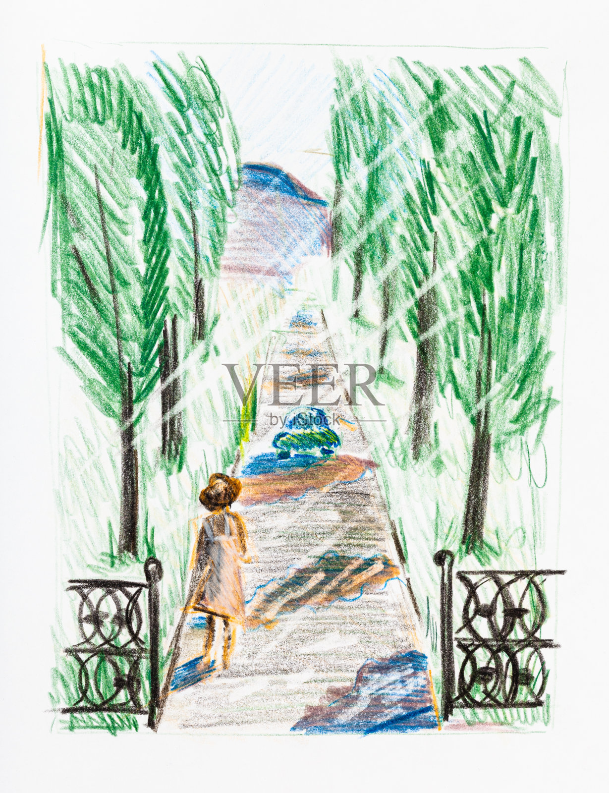 夏天在城市公园的小巷里散步的女人插画图片素材