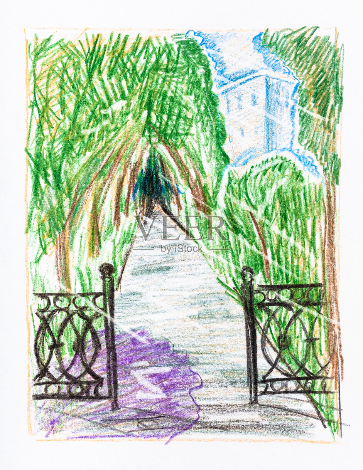 夏雨后城市公园小路素描插画图片素材