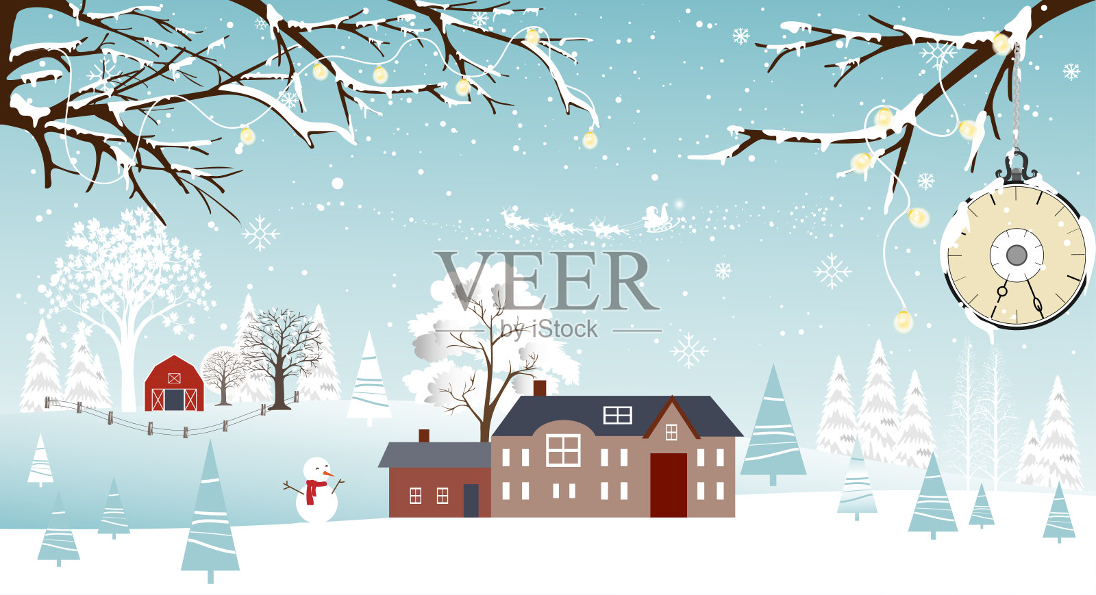 矢量插图卡圣诞快乐和新年快乐全景冬季景观在村庄农舍松树和雪人。设计模板素材