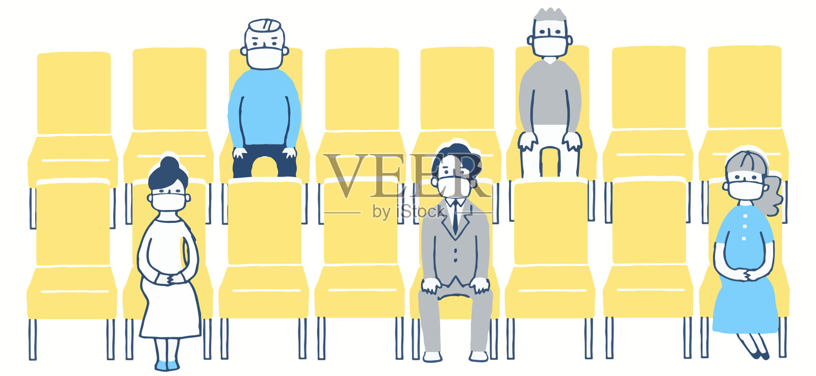 坐在一定距离的座位上的人插画图片素材