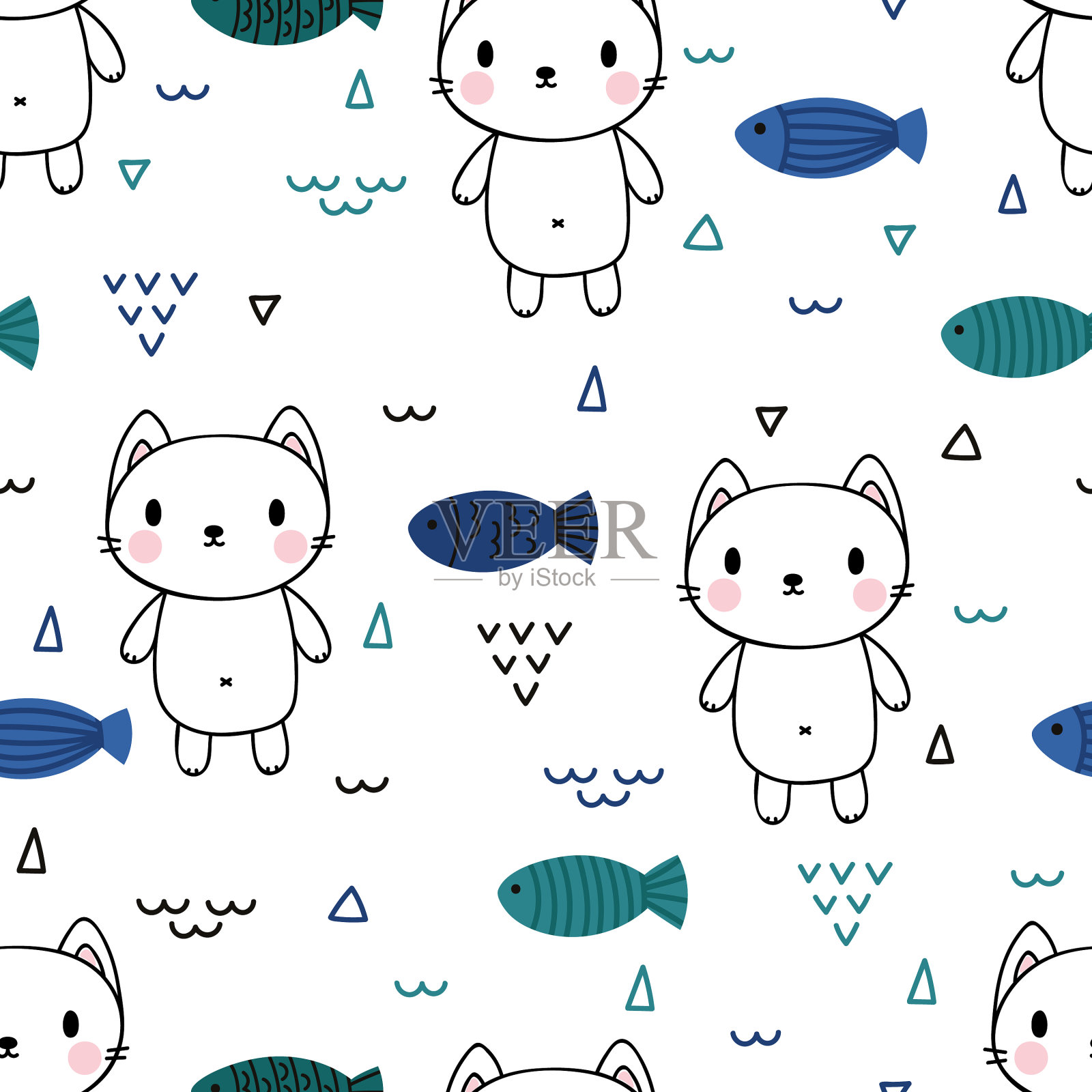 可爱的无缝图案与小猫和鱼插画图片素材