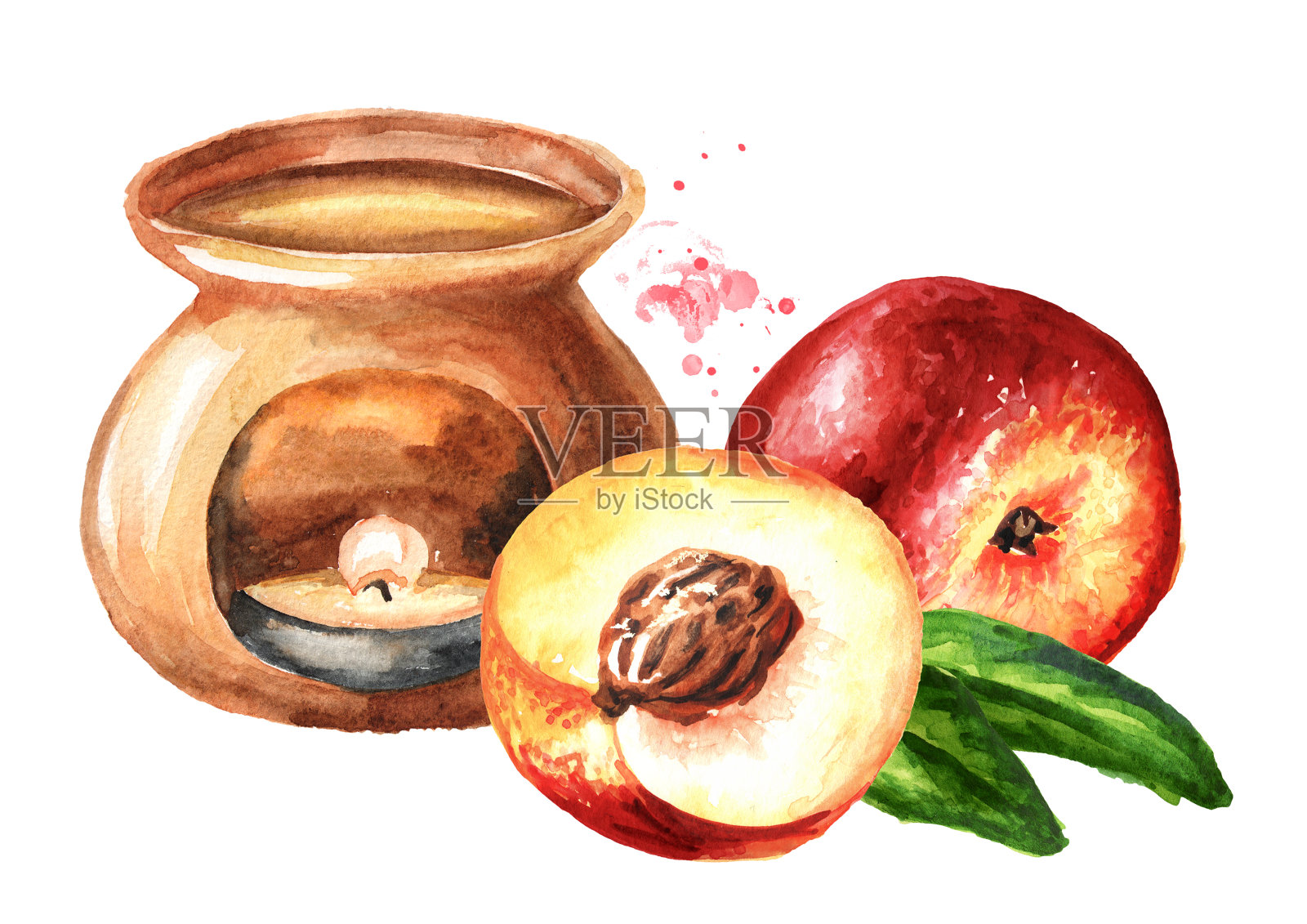 香薰灯和成熟的新鲜油桃。手绘水彩插图孤立的白色背景插画图片素材