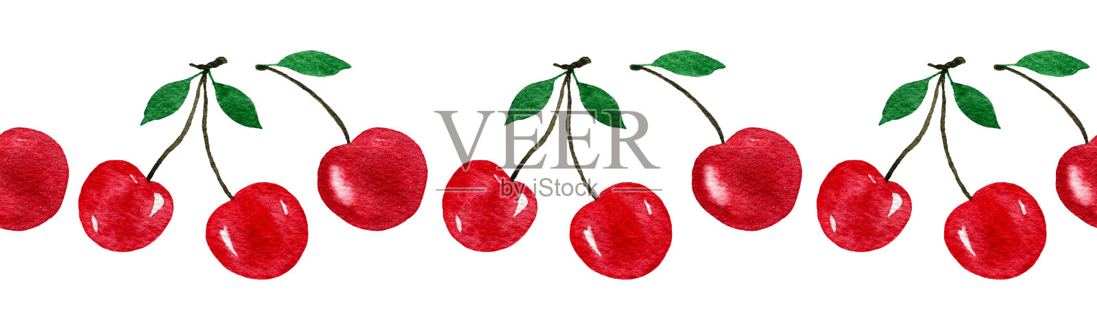 无缝边界与红樱桃，水彩食品插图与樱桃水果孤立在白色，手绘樱桃插画图片素材
