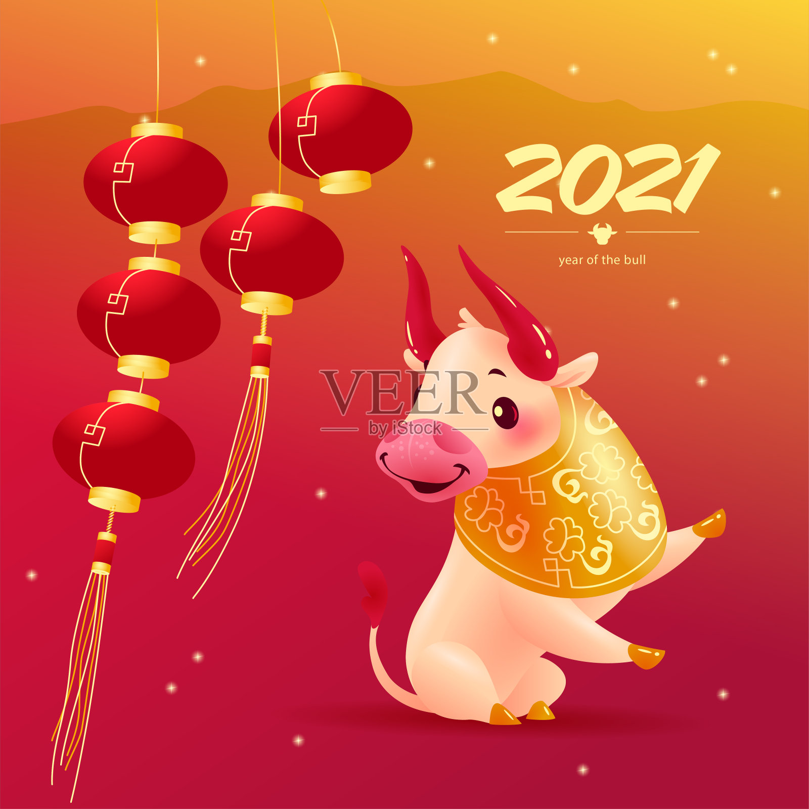 春节贺年卡、请柬、挂历设计以传统装饰灯饰元素、东方动物公牛插画图片素材
