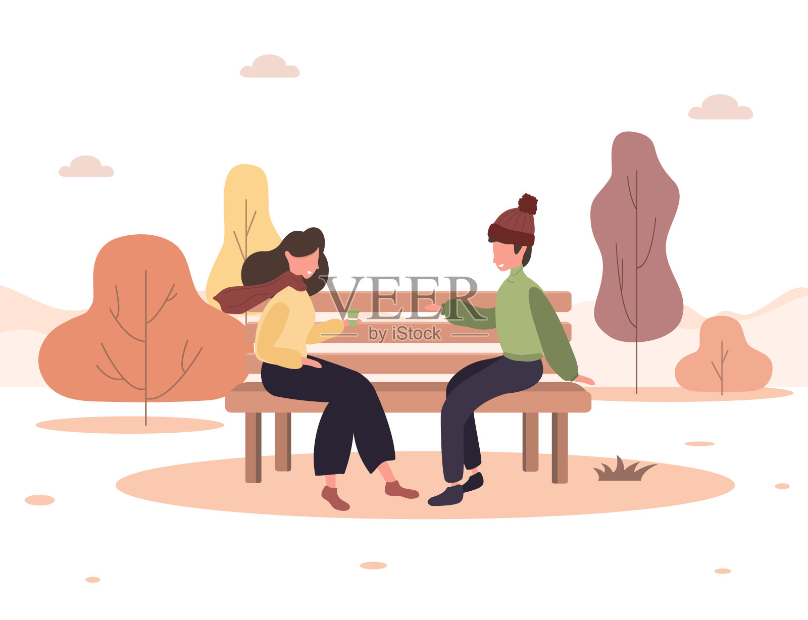男人和女人在公园约会。一对浪漫的情侣坐在长椅上微笑着。两个恋人在一起度过时光。快乐的秋天背景。矢量插图在平面卡通风格。插画图片素材