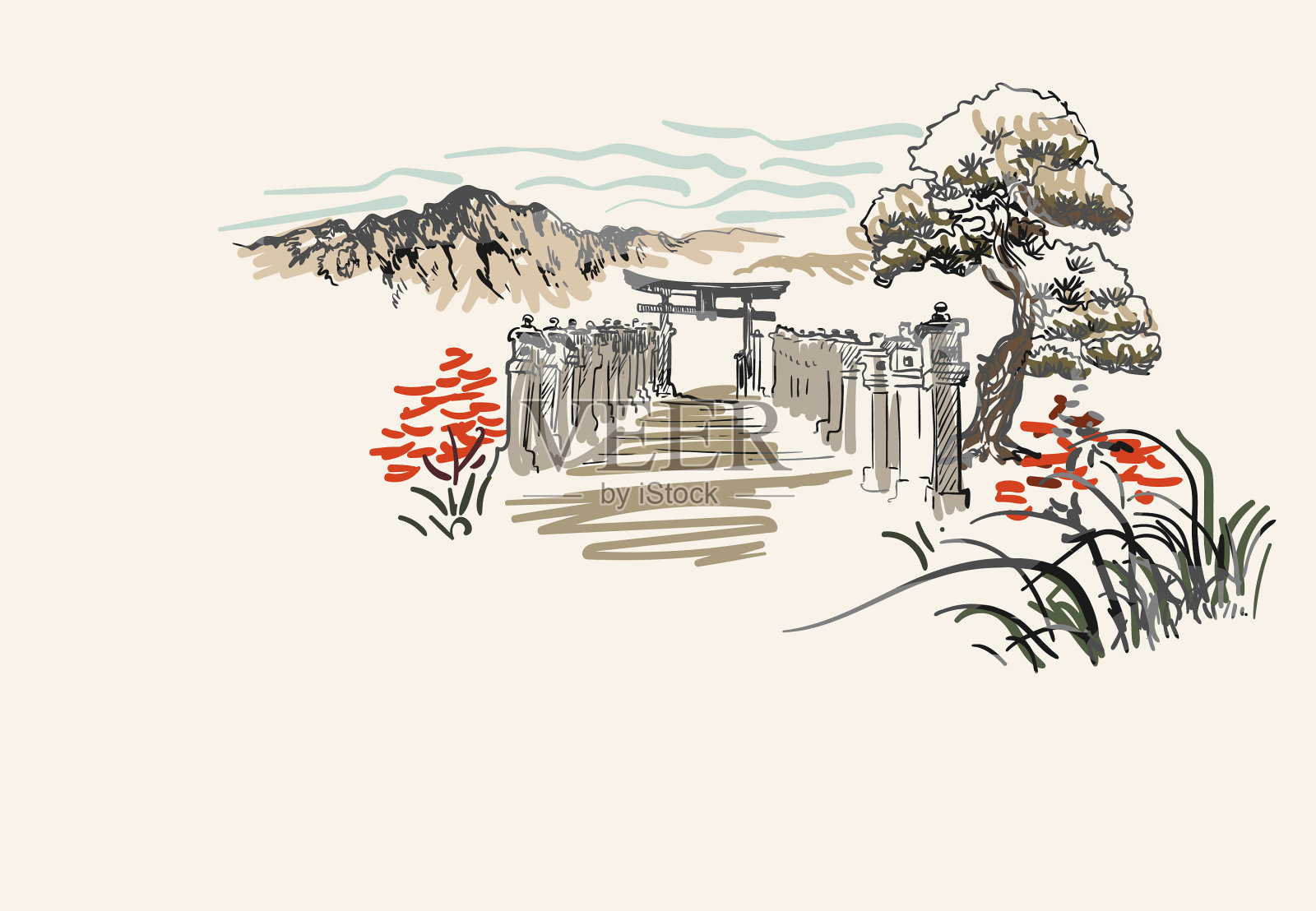 寺庙自然景观景观素描日本插画图片素材