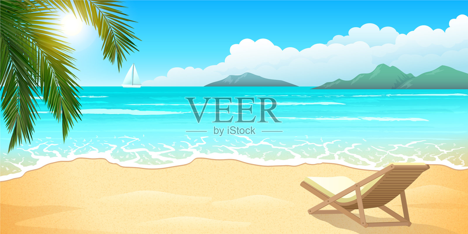 沙滩与棕榈和躺椅休息室清澈的蓝色插画图片素材