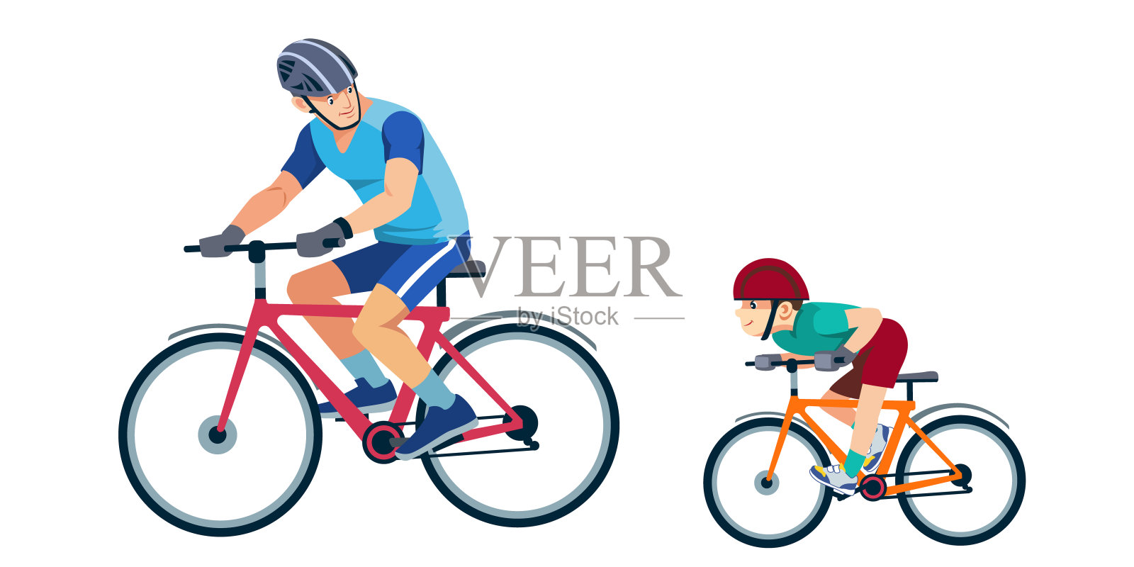 父亲教儿子骑自行车。小孩学骑自行车。运动的家庭。户外活动。儿子和爸爸穿着运动服。幸福的家庭。卡通平面孤立矢量设计设计元素图片