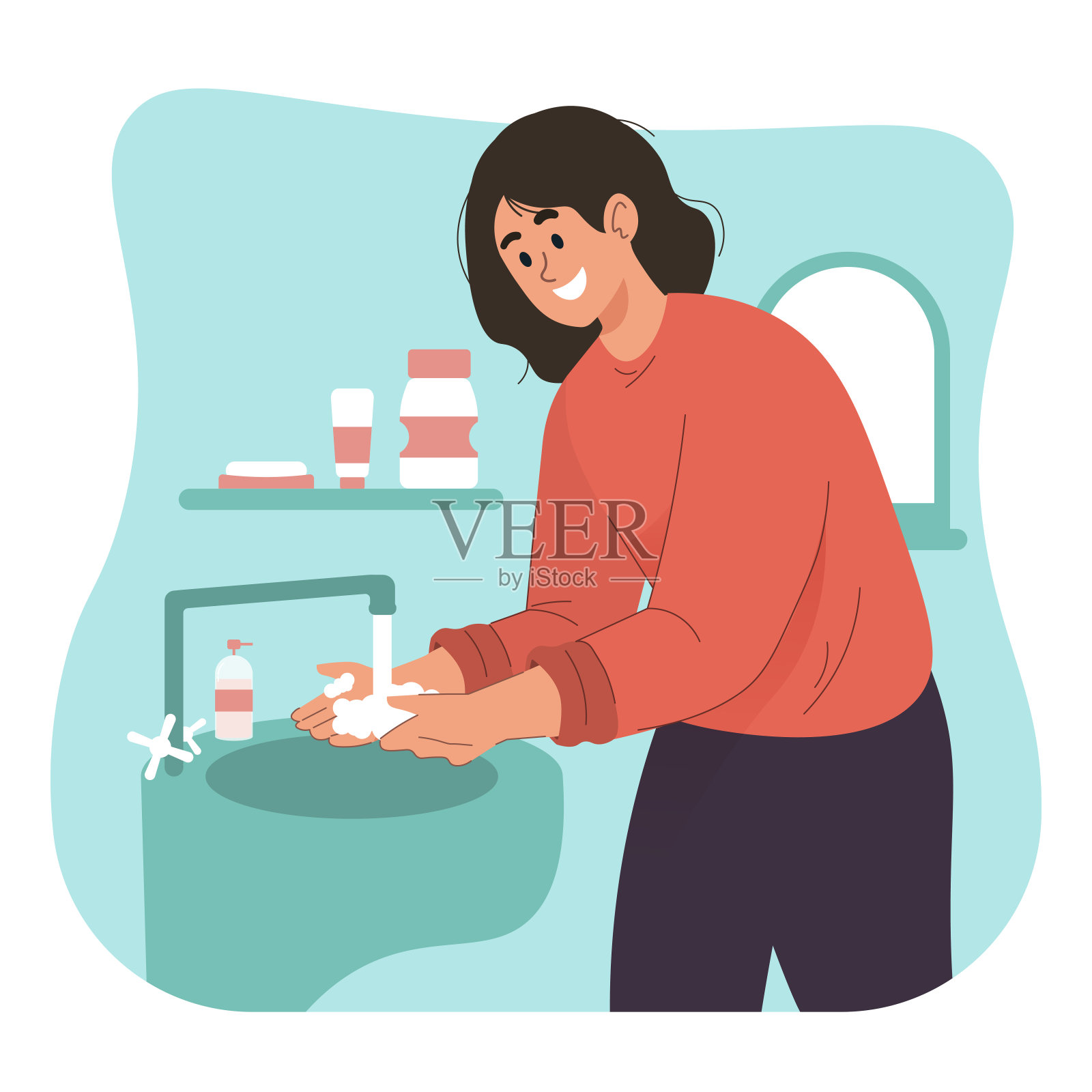 在自来水下用肥皂洗手的女人插画图片素材
