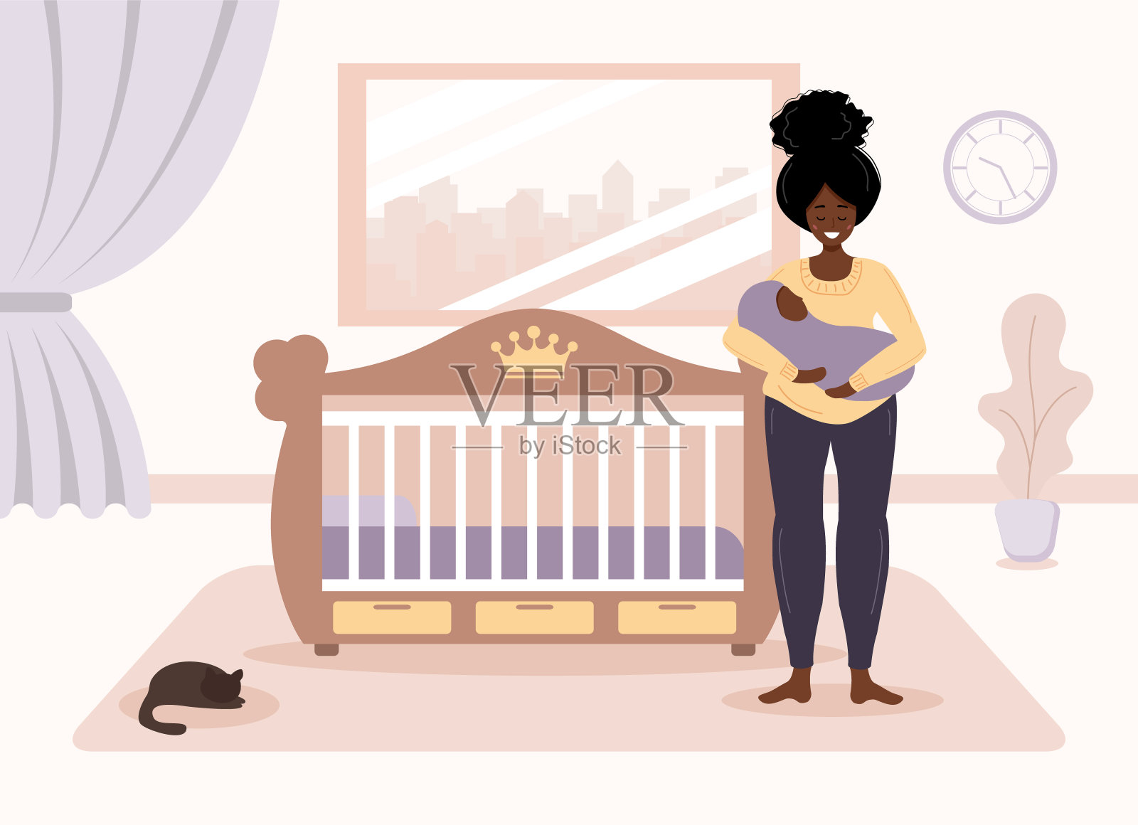 快乐的母亲。一个非洲女孩站在婴儿床前，怀里抱着婴儿。婴儿摇篮。ui, ux，应用程序，软件和信息图的创意设计。平面风格的矢量插图。插画图片素材