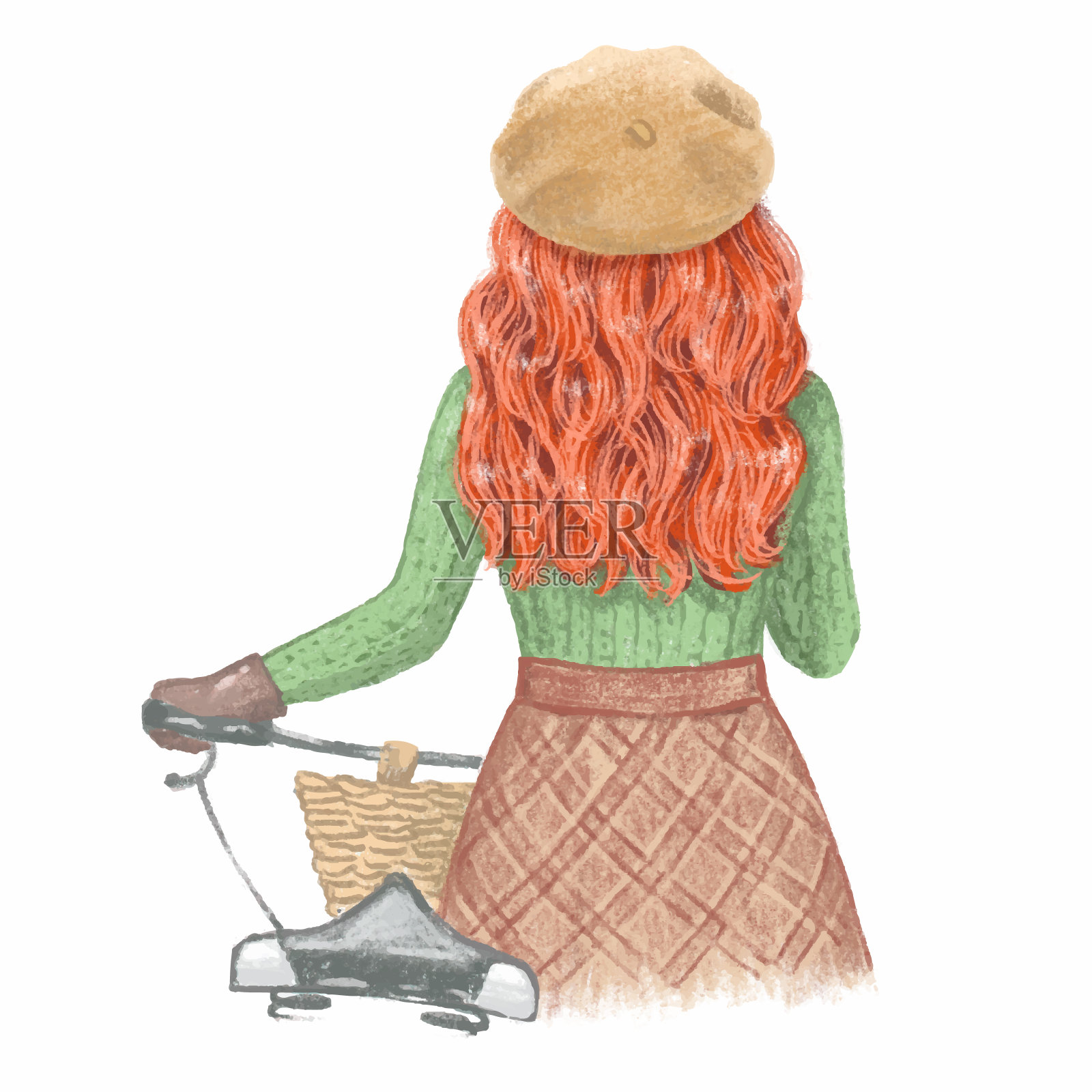 红发女孩骑着自行车插画图片素材