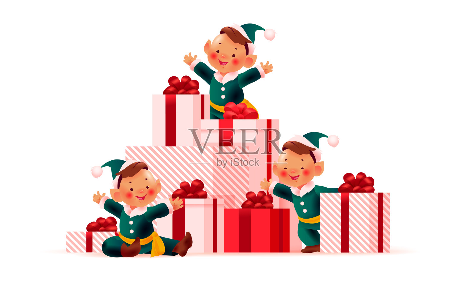 美丽的节日插图与三个圣诞精灵在圣诞礼物的大堆装饰蝴蝶结和丝带在白色的背景。插画图片素材