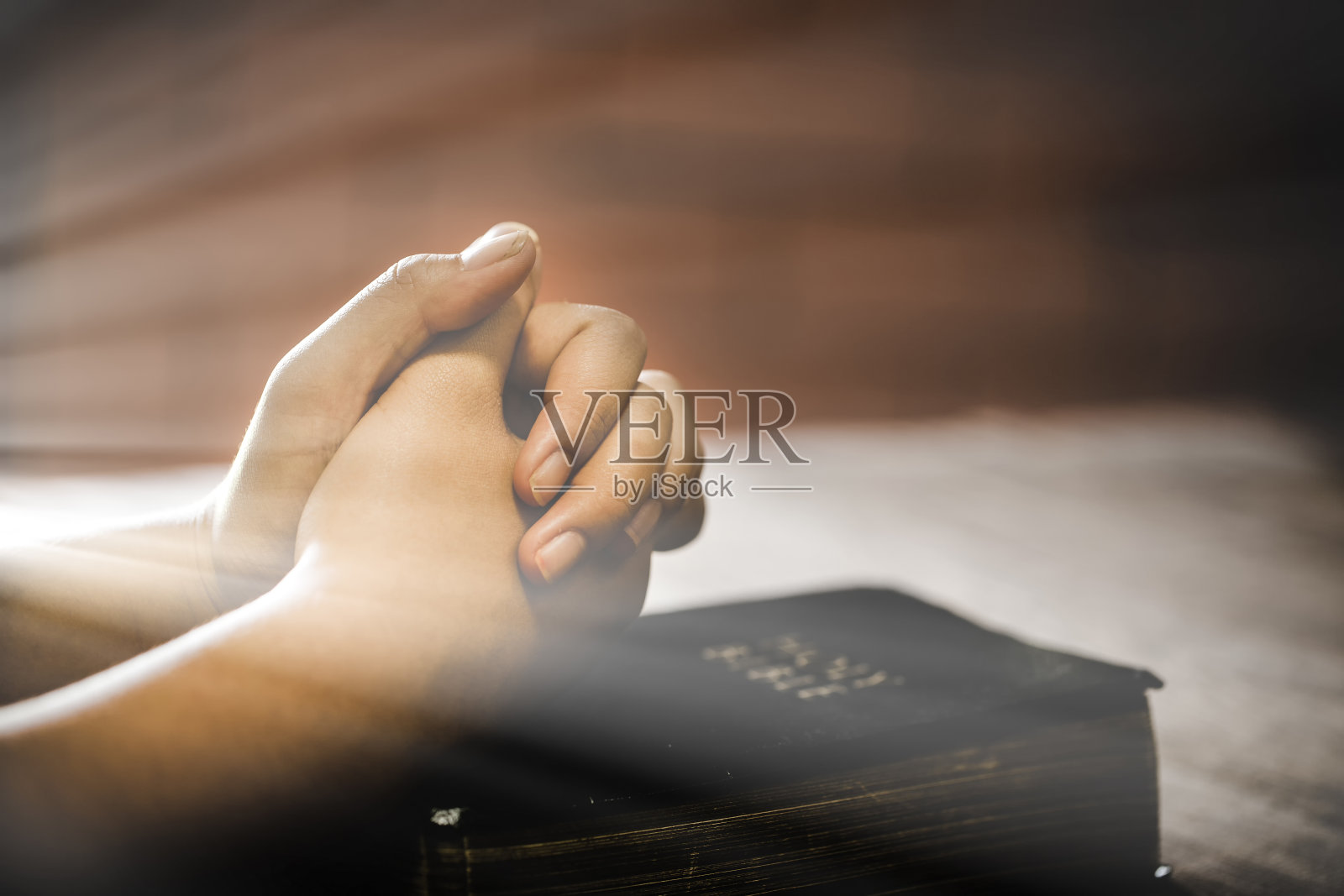 少女手拿圣经在早晨祈祷。照片摄影图片