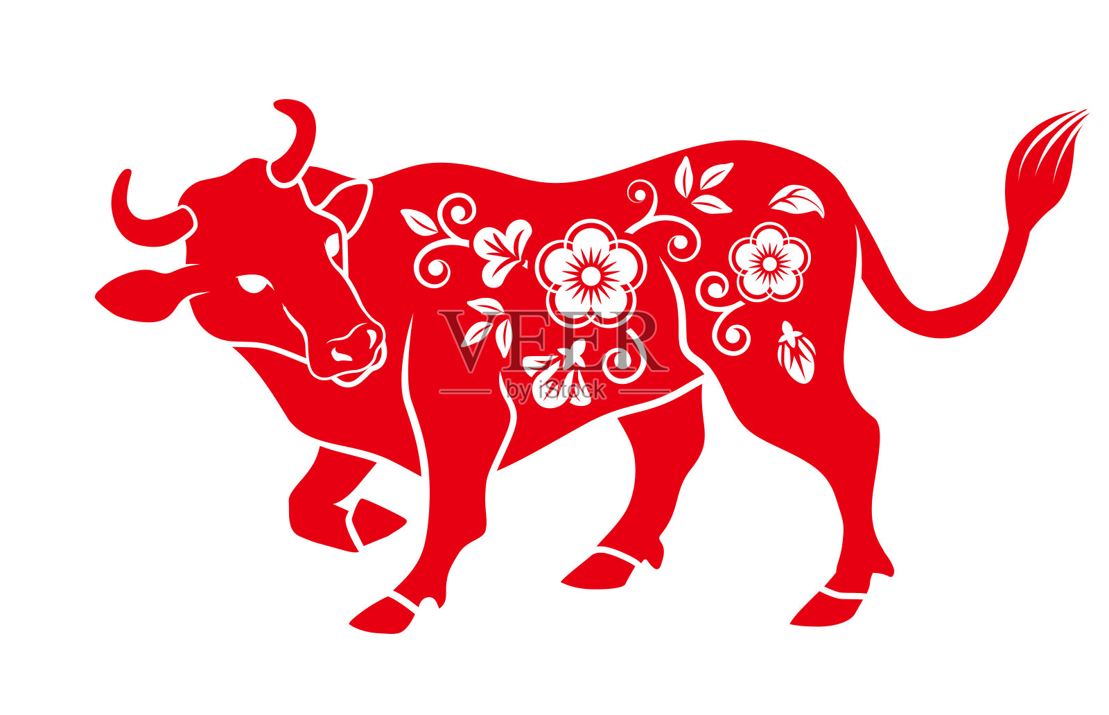 花图案的牛回望-牛年，中国十二生肖的标志剪辑艺术设计元素图片