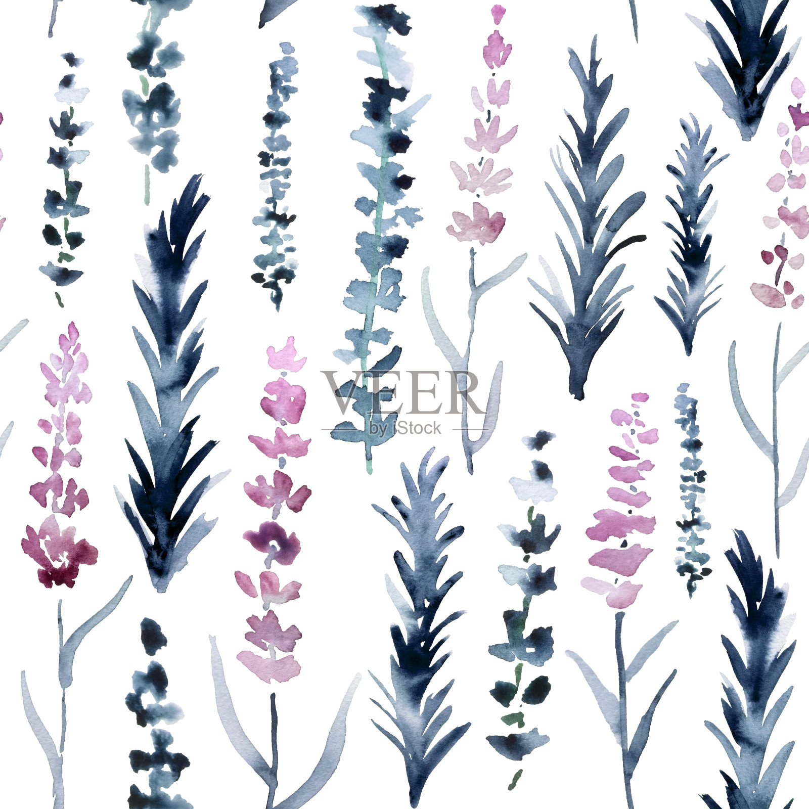 无缝水彩花卉图案在粉红色和靛蓝。插画图片素材