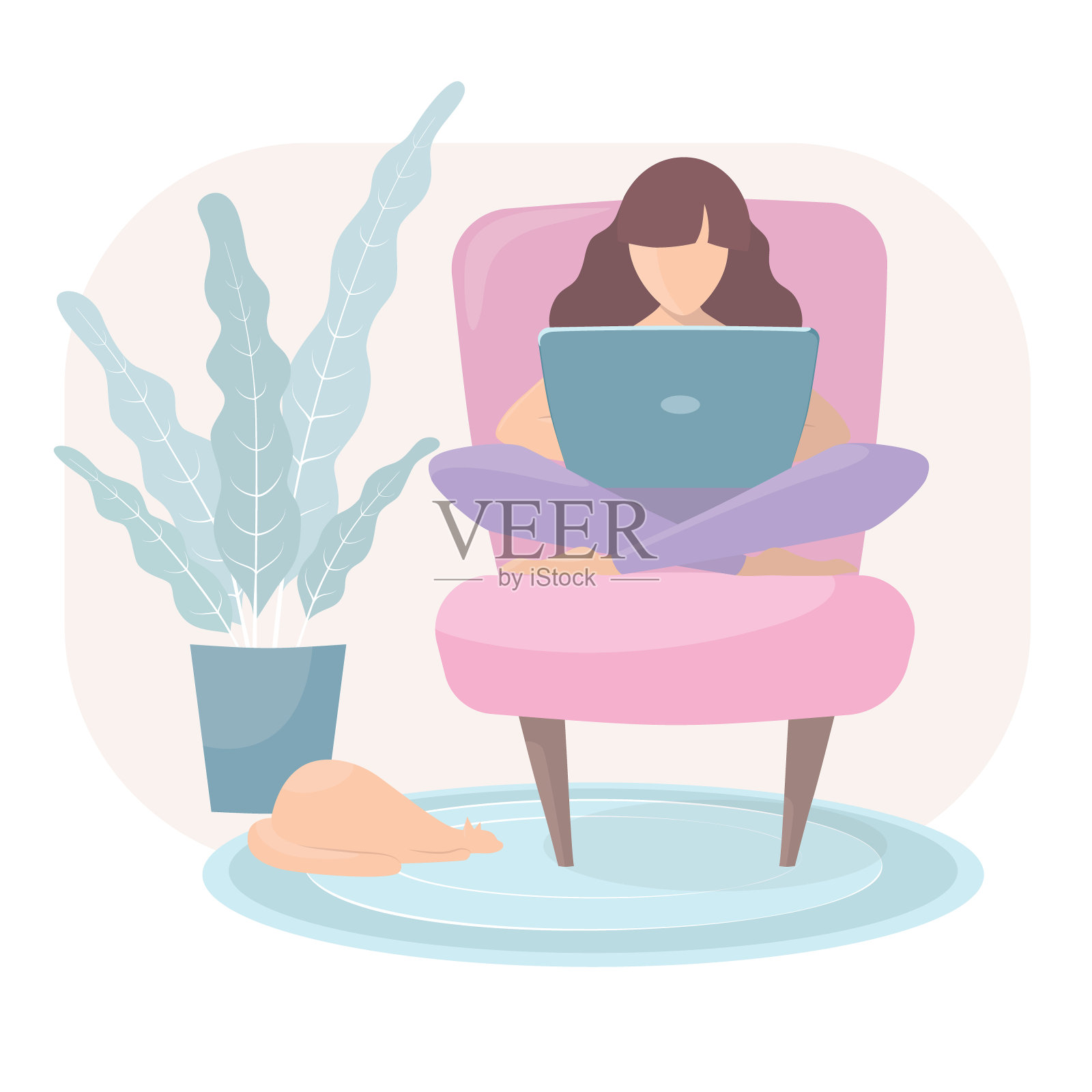 坐在扶手椅上拿着笔记本电脑的女人。插画图片素材