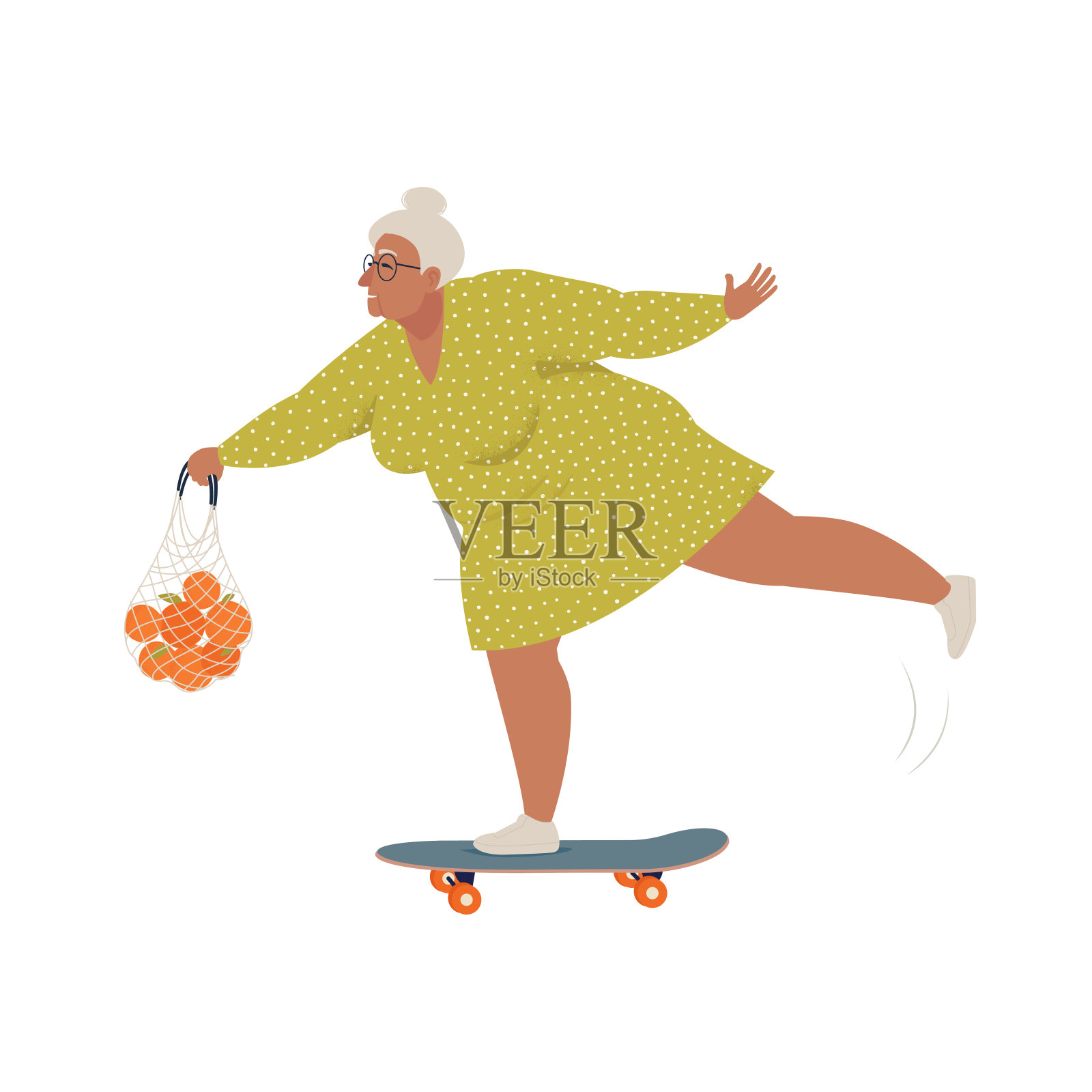 老年妇女骑滑板或长板与购物网袋。为祖母进行文体健康的体育活动。平面卡通矢量插图。插画图片素材