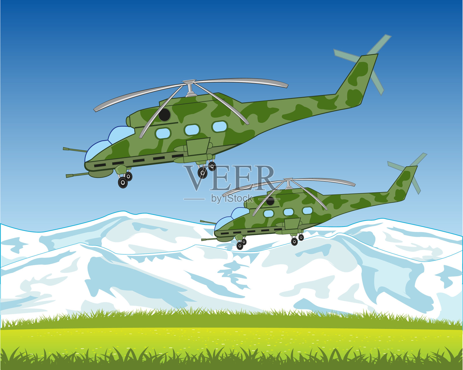 战斗直升机在山上飞向天空设计元素图片