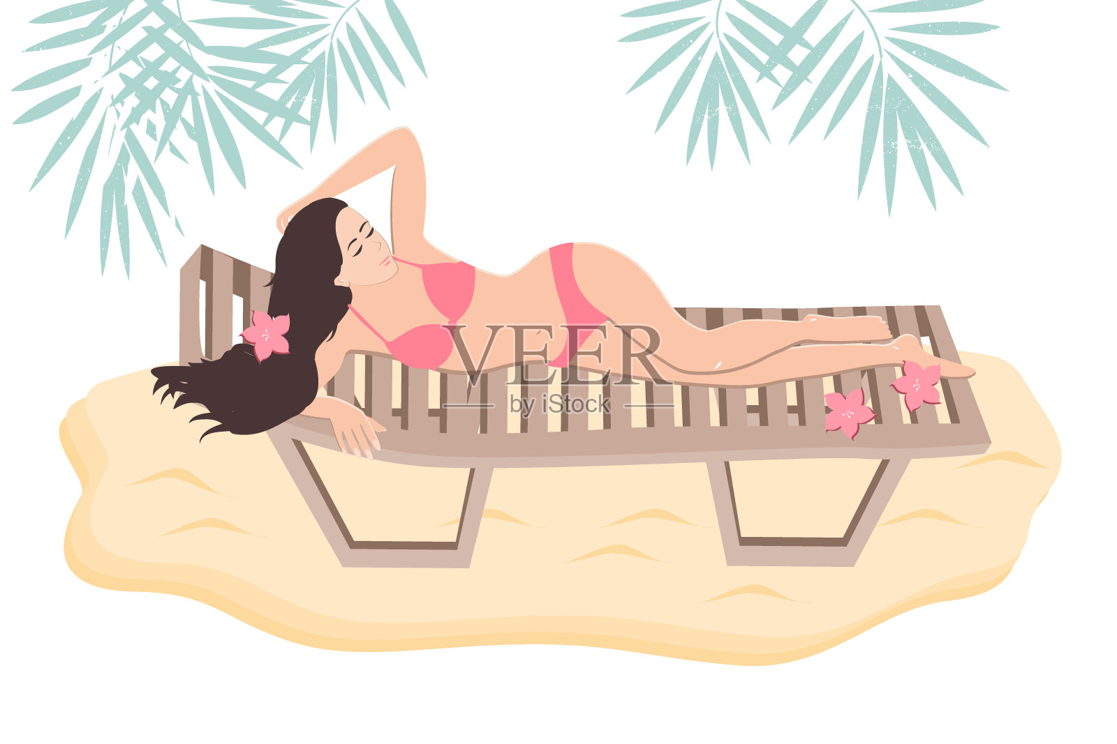 日光浴的女人在躺椅上，穿着泳衣。卡通旅行矢量，平面插图。在沙滩上的棕榈树下度假插画图片素材