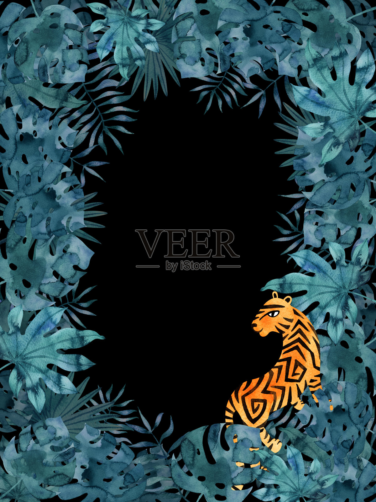 垂直矩形深色框架模板与水彩热带树叶和老虎。异国情调的手绘插图在黑色的背景。设计元素图片