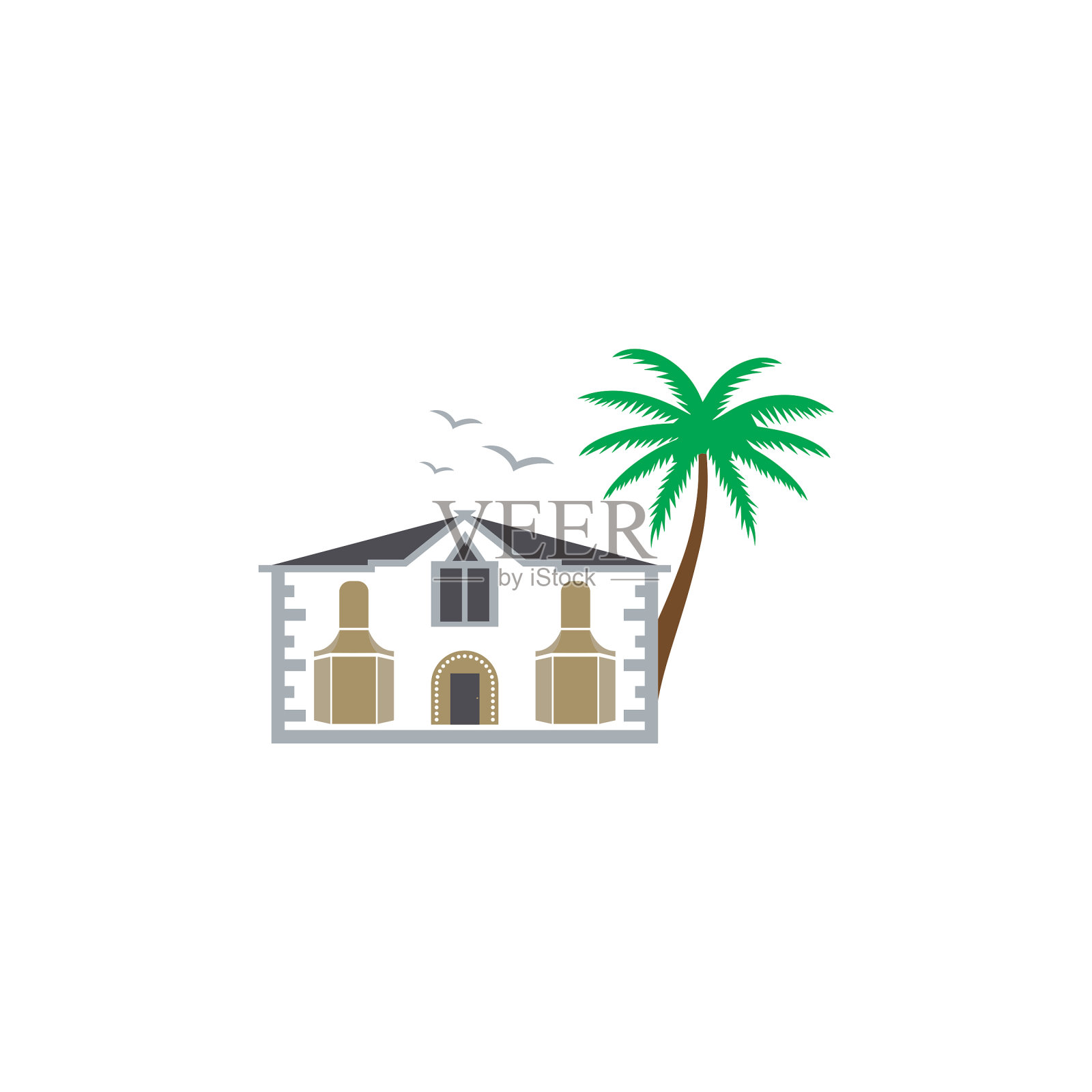 豪华度假建筑与椰子树设计图标。插画图片素材