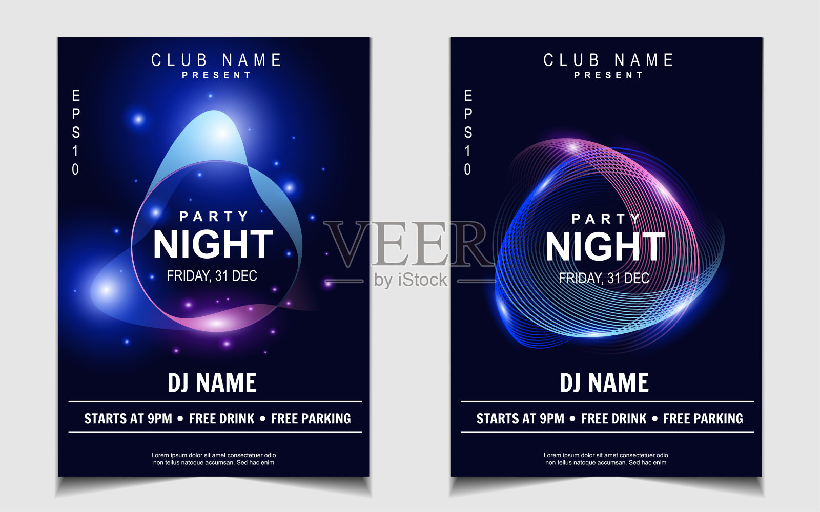 夜间舞会电子和音乐封面设计模板背景与优雅风格霓虹灯颜色。彩色灯光风格矢量设计模板素材
