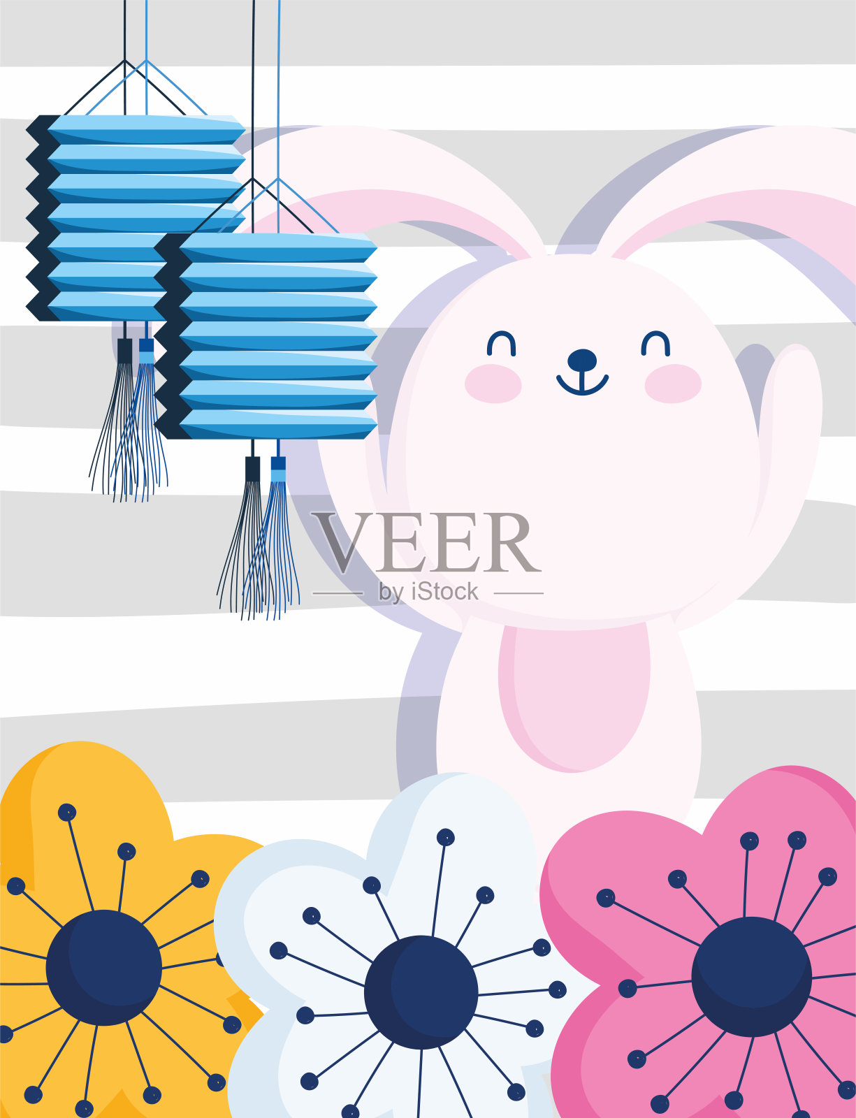 15、中秋快乐，可爱的兔灯笼和鲜花，祝福和幸福插画图片素材