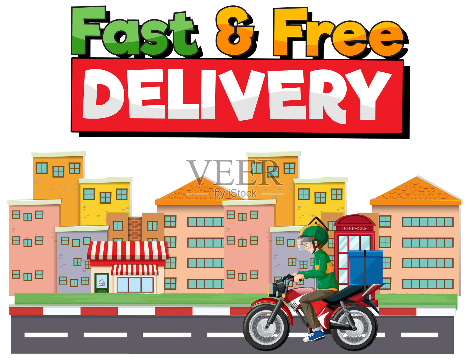 快速和免费递送标志与自行车人或快递ri在城市插画图片素材