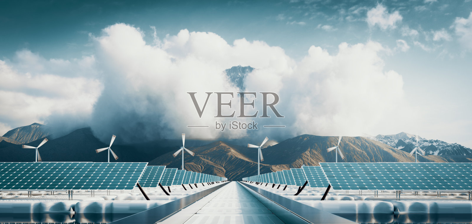 漂浮的太阳能发电厂和海上风力涡轮机农场与雄伟的山背景。三维渲染照片摄影图片