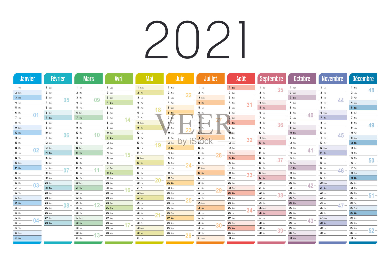 彩色2021一页法国日历设计模板素材