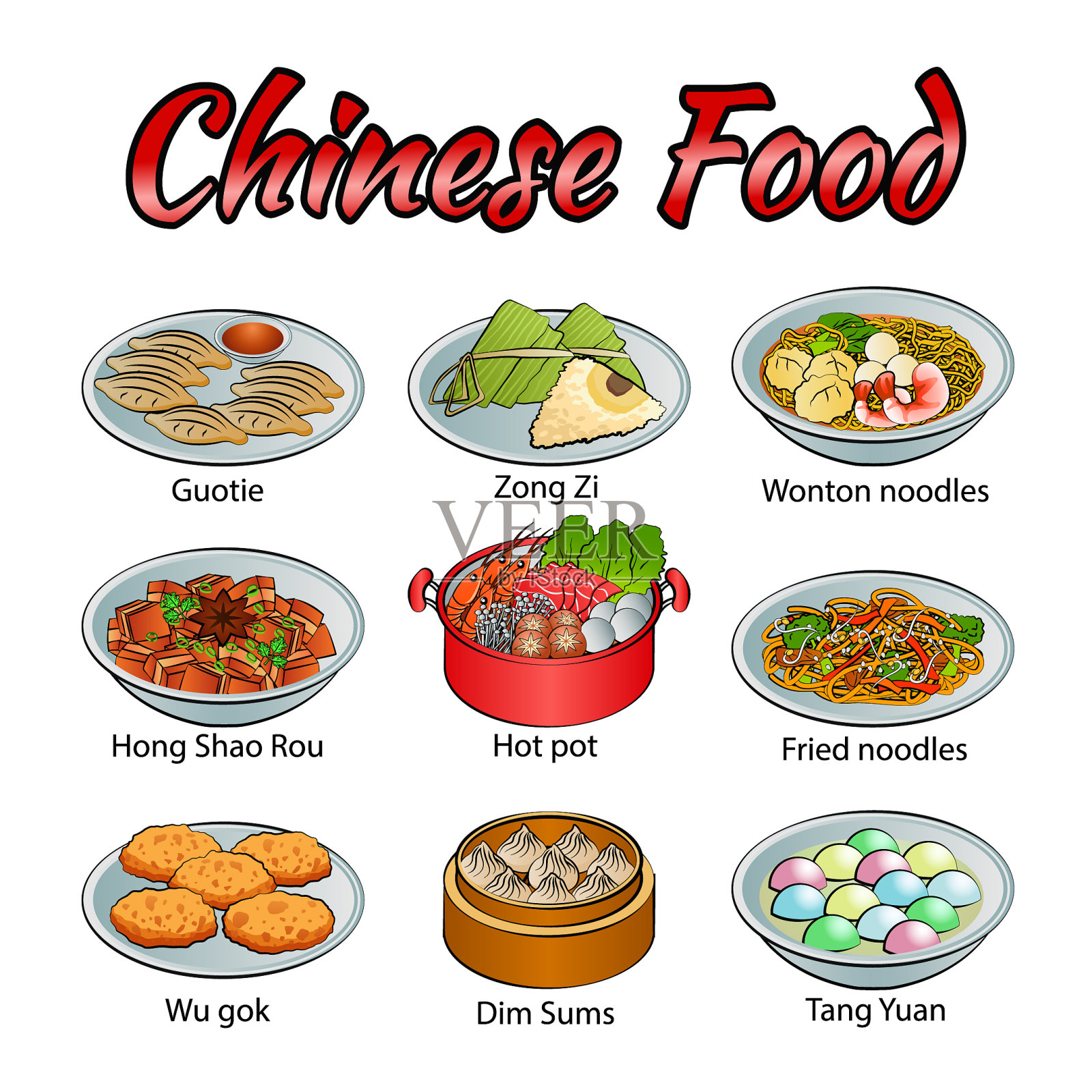 以彩色渐变设计的图标设置美味和著名的中国食物插画图片素材