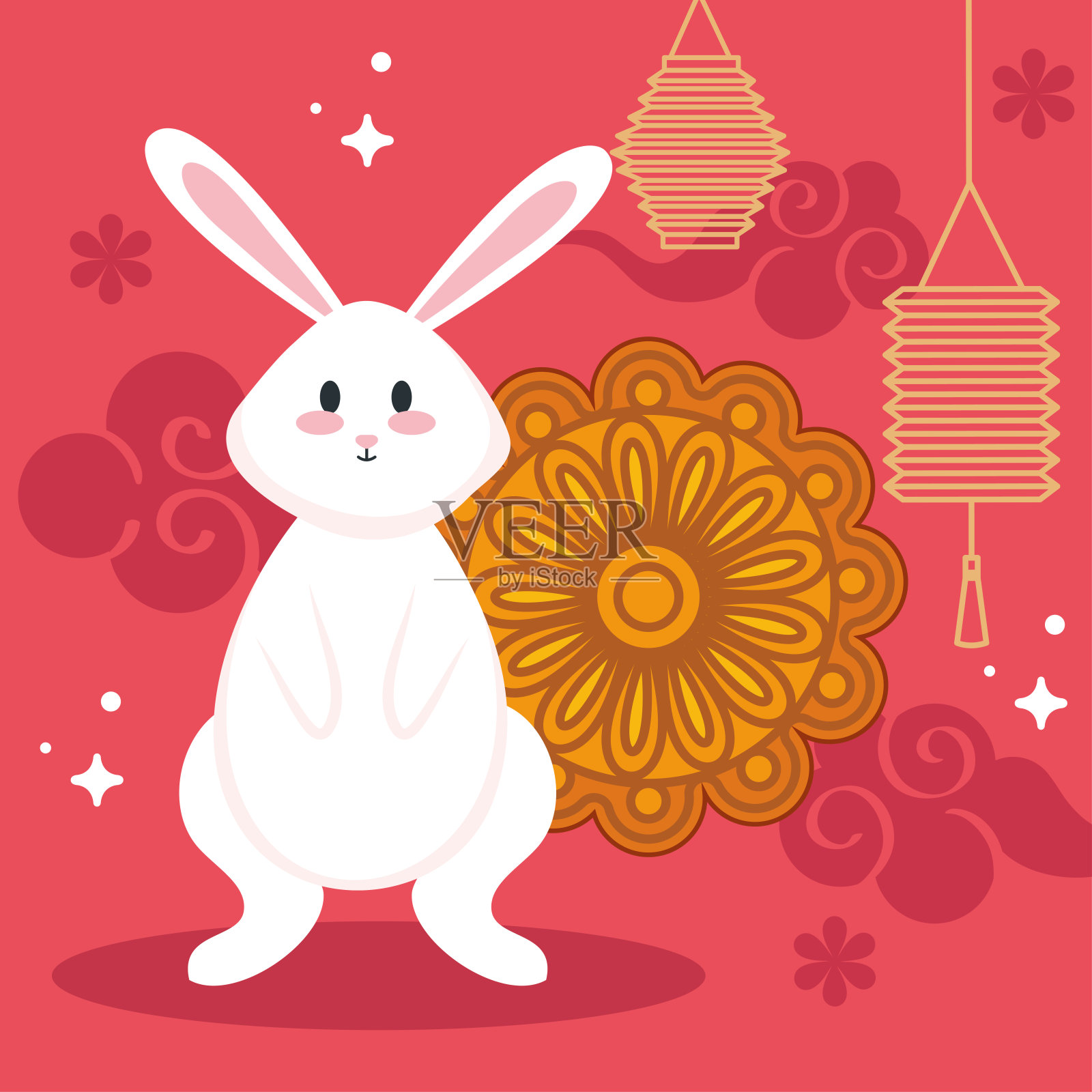 中国的中秋节有兔子、月饼、花灯挂和彩云设计元素图片