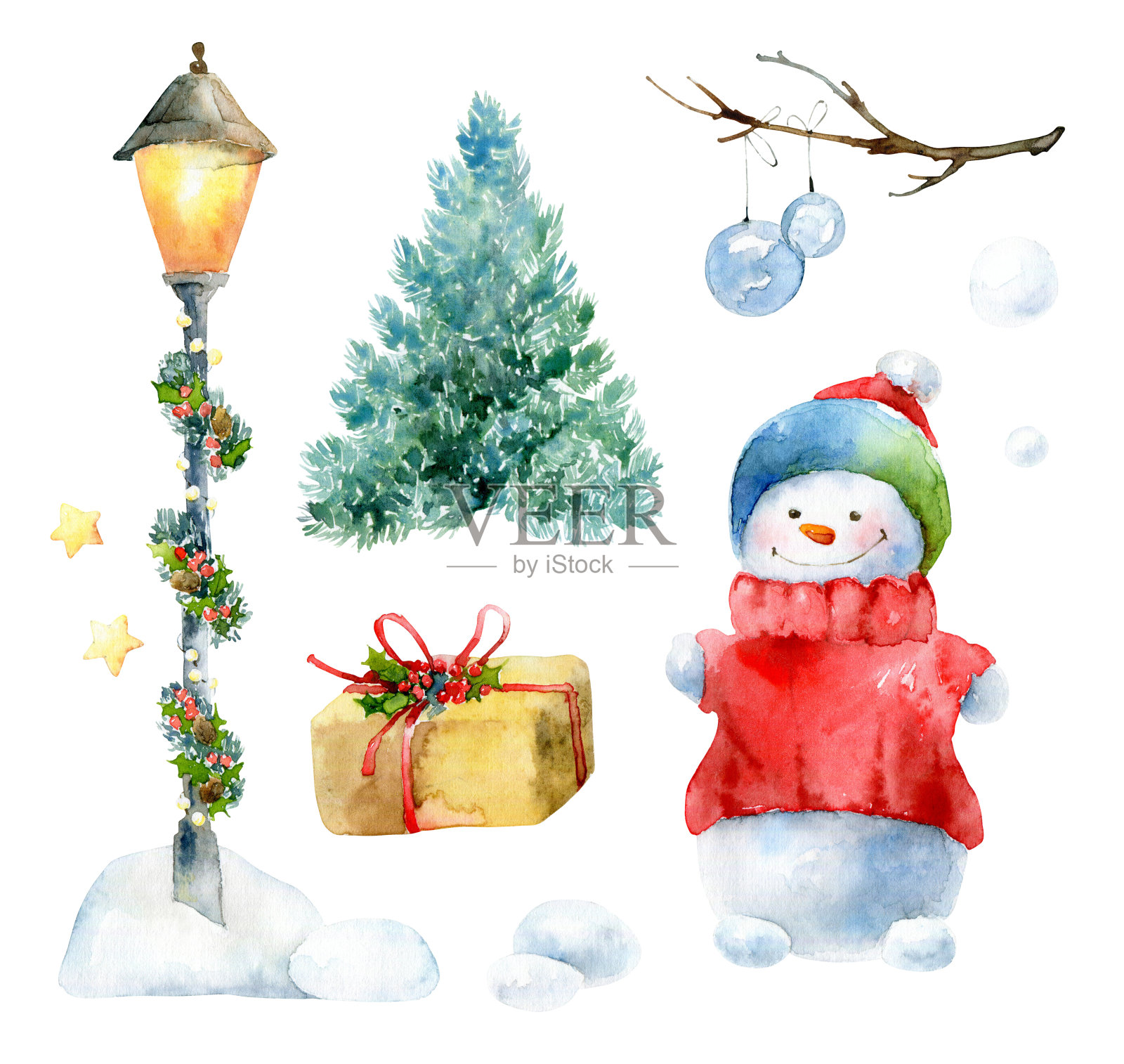 水彩画雪人圣诞套装插画图片素材